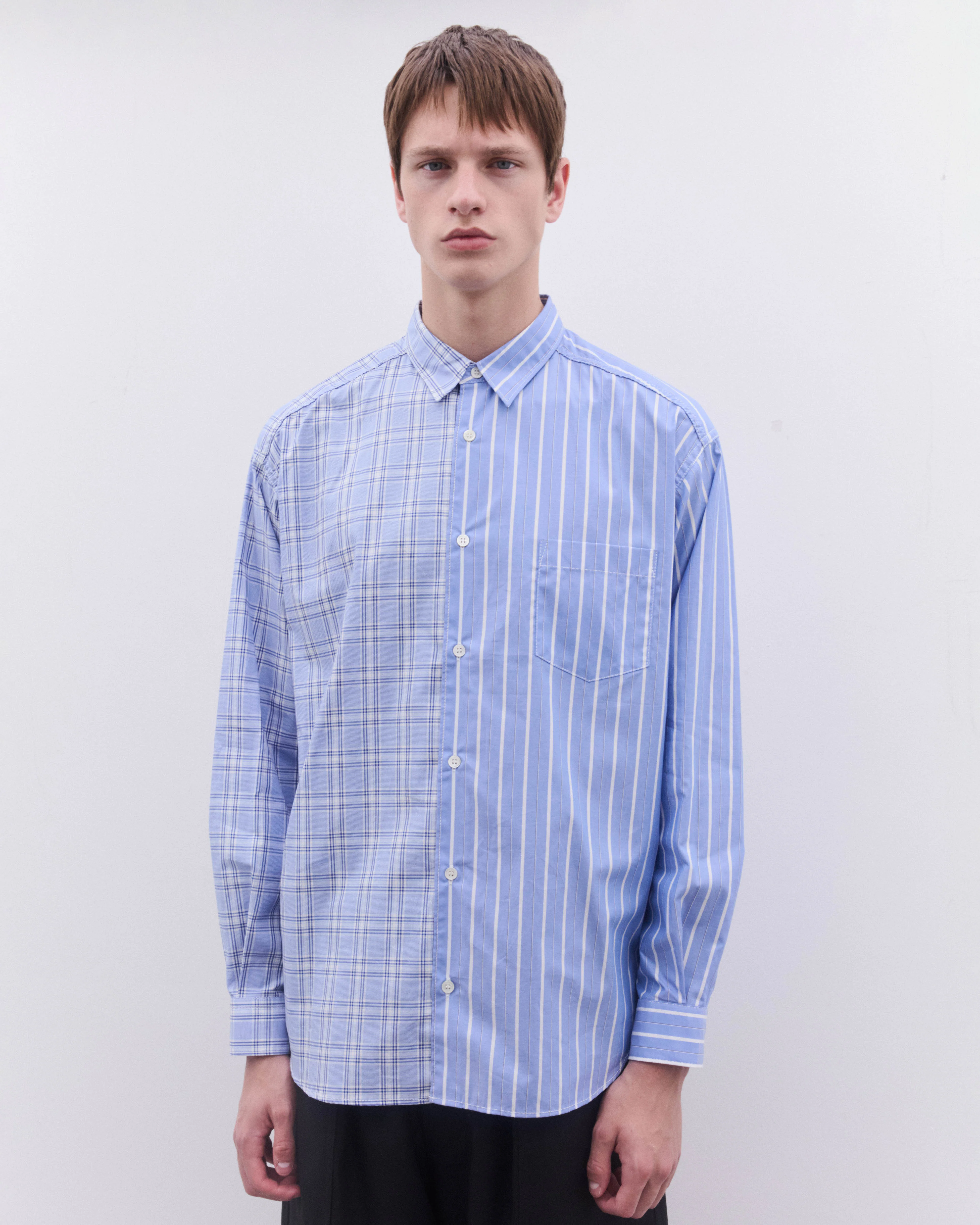 CDG Homme - Men’s Stripe And Check Shirt - (Blue) - Image 3