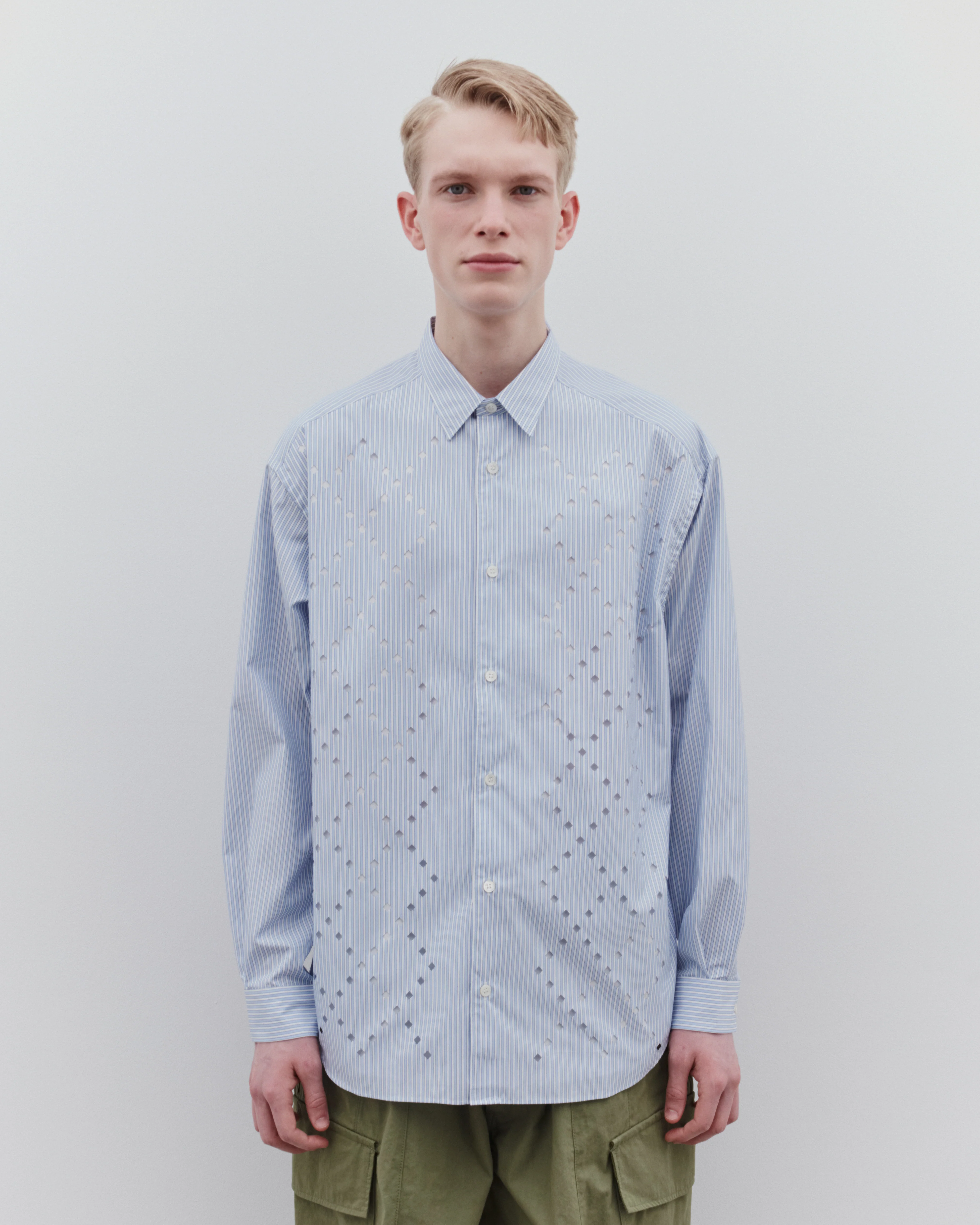 CDG Homme - Men’s Broad Stripe Cut-Out Shirt - (White/Navy) - Image 2