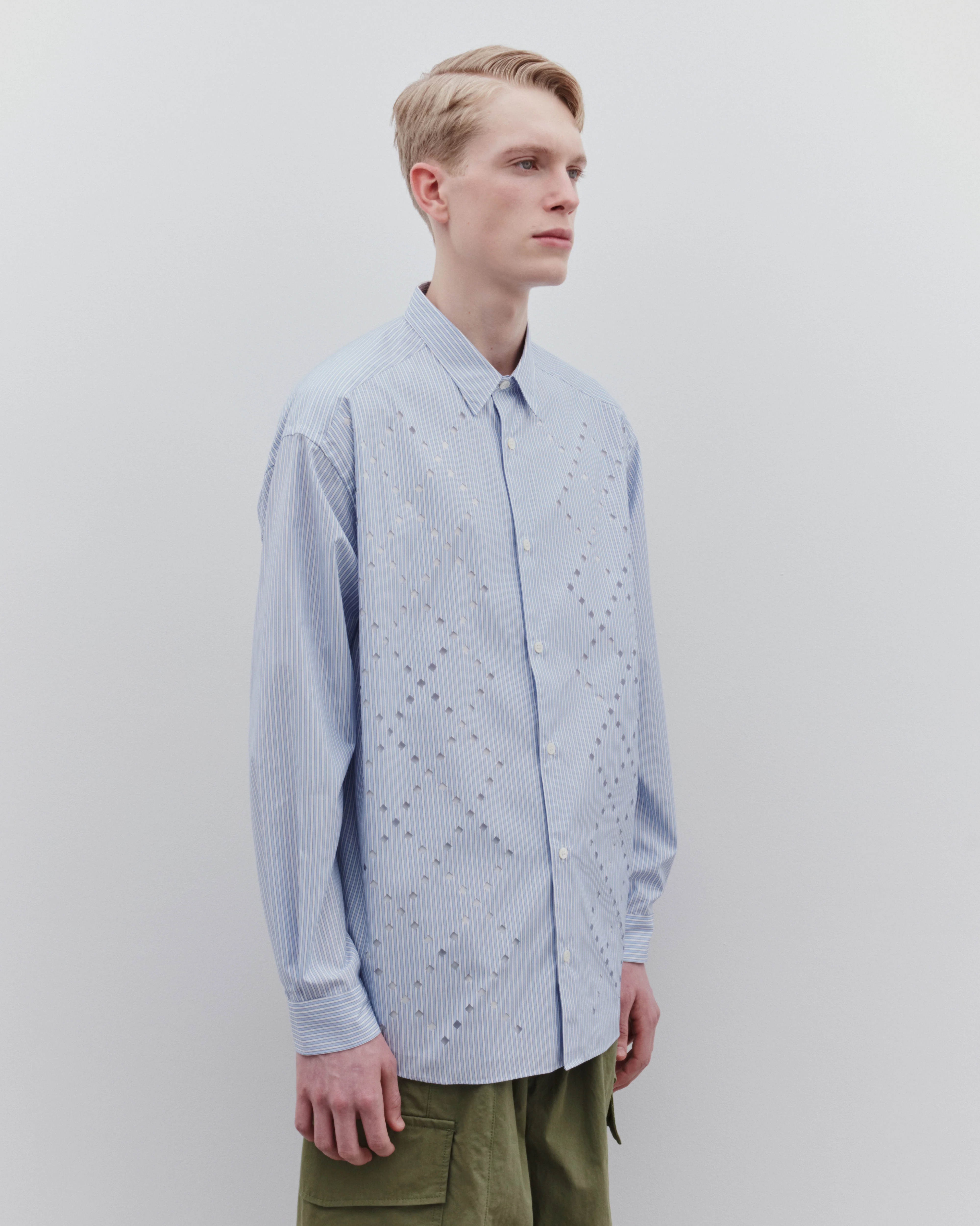 CDG Homme - Men’s Broad Stripe Cut-Out Shirt - (White/Navy) - Image 3