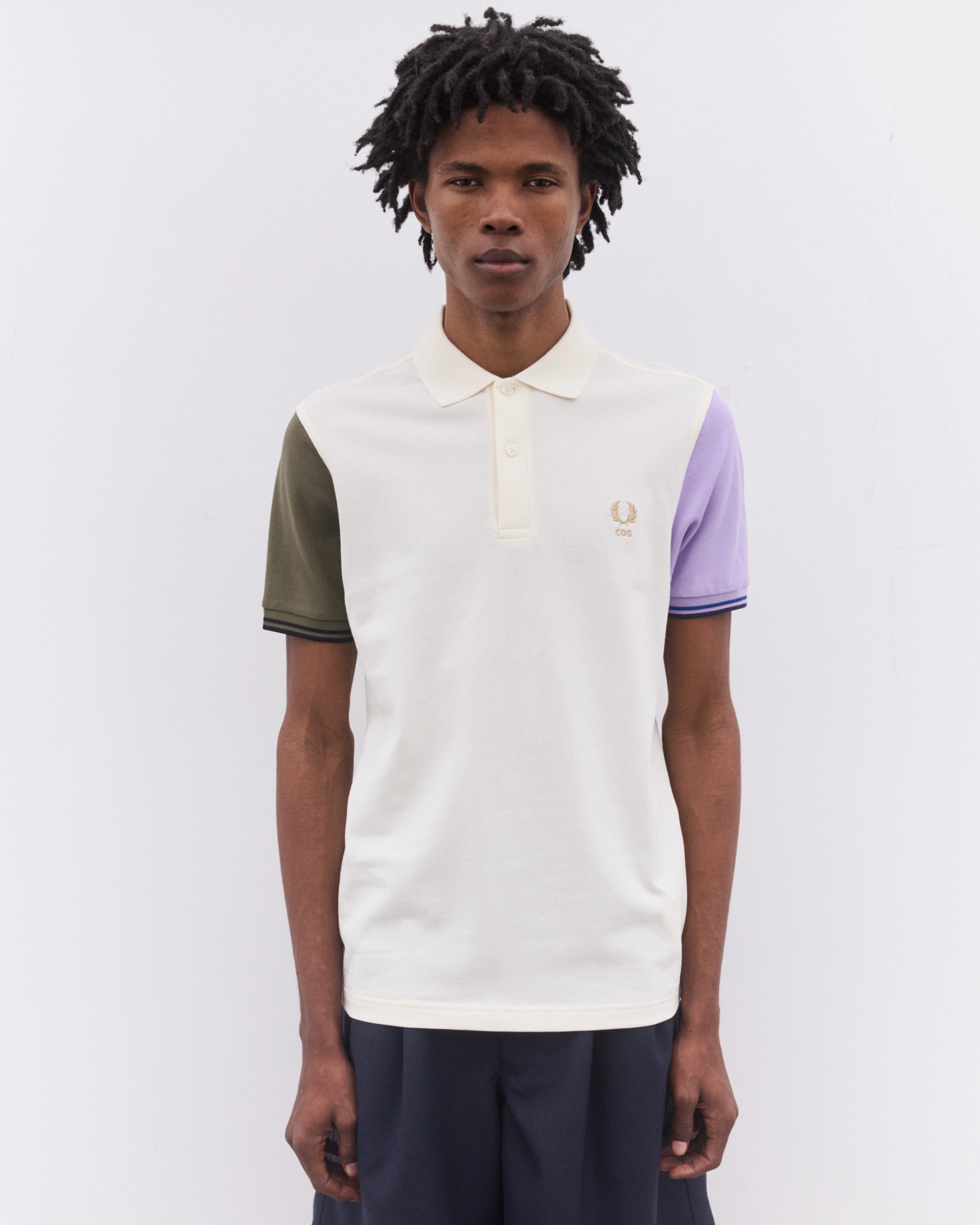 CDG Shirt - Men’s Fred Perry Short Sleeve Polo Shirt - (Ecru/Green/Purple) - Image 2