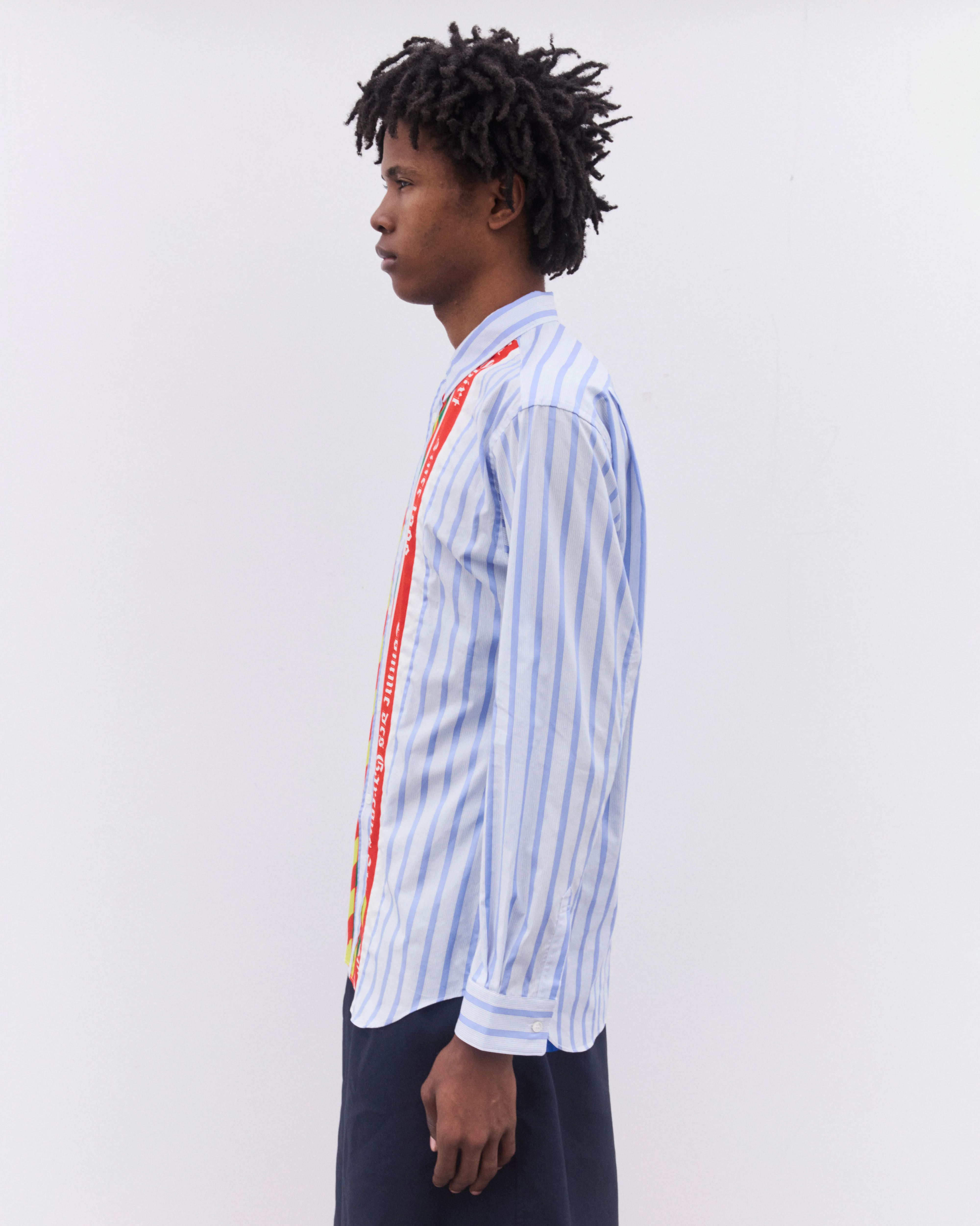 CDG Shirt - Men’s Striped Football Scarf Placket Shirt - (Blue) - Image 3