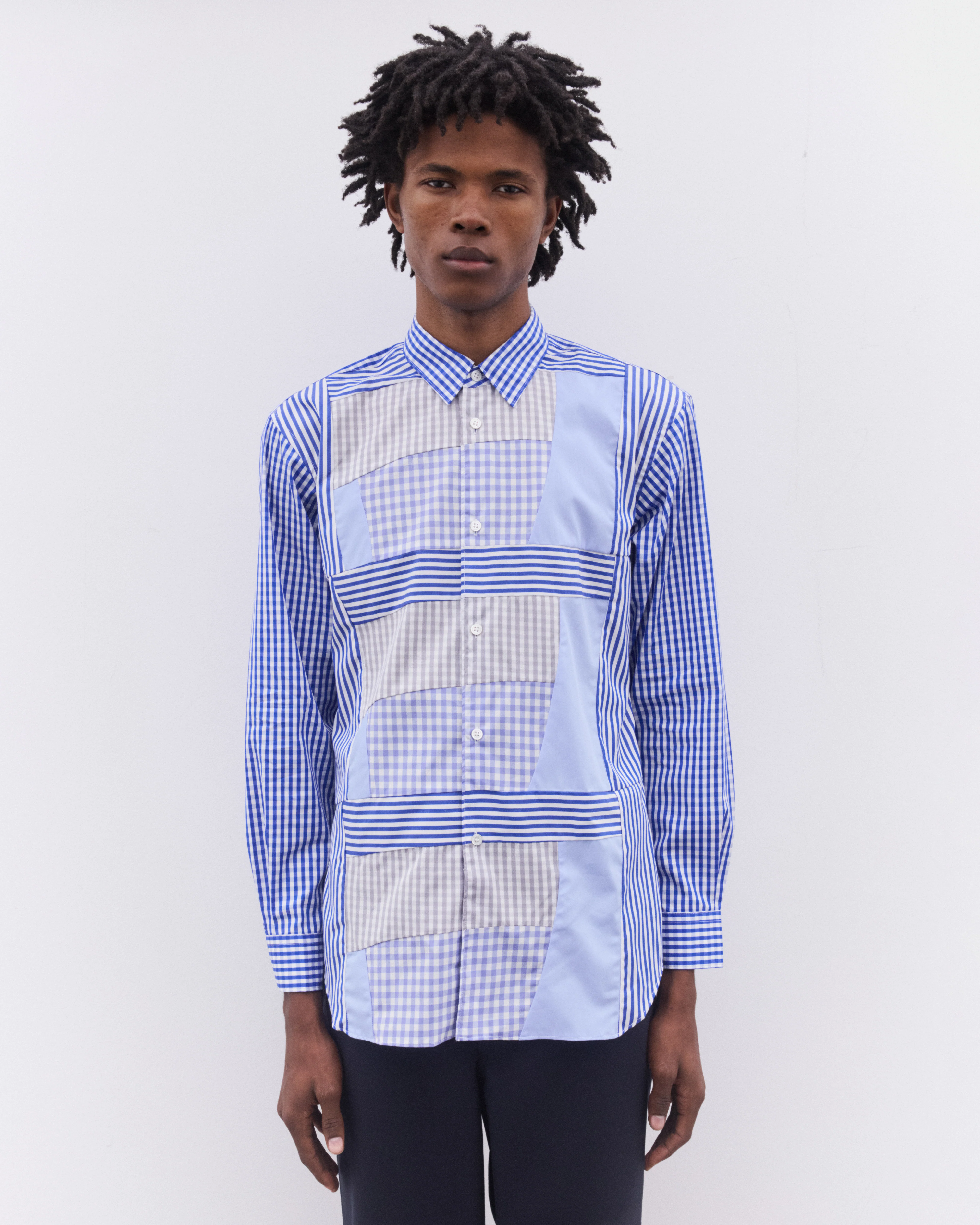 CDG Shirt - Men’s Gingham And Striped Patchwork Shirt - (Blue) - Image 2