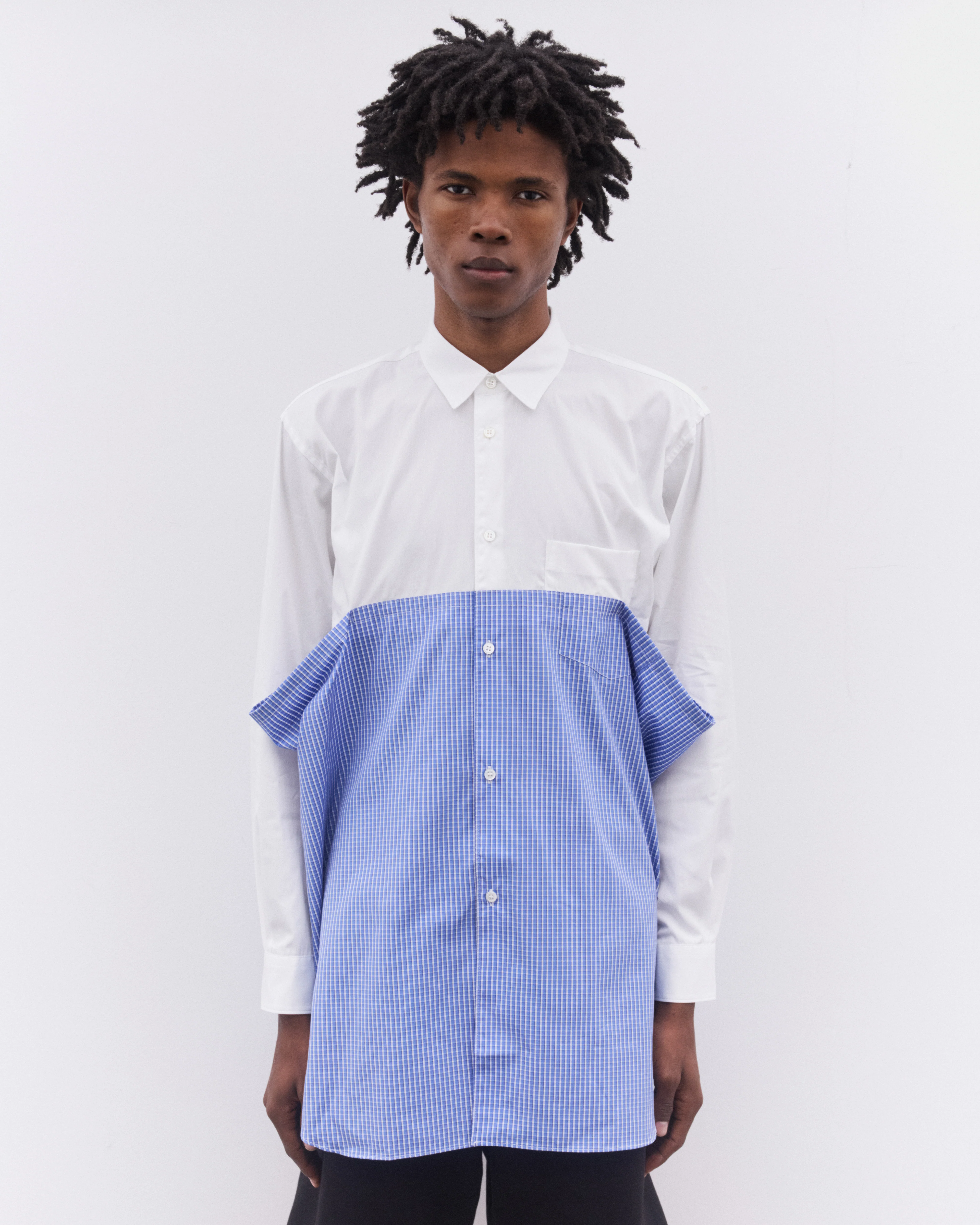 CDG Shirt - Men’s Gingham Panel Shirt - (White/Blue) - Image 2