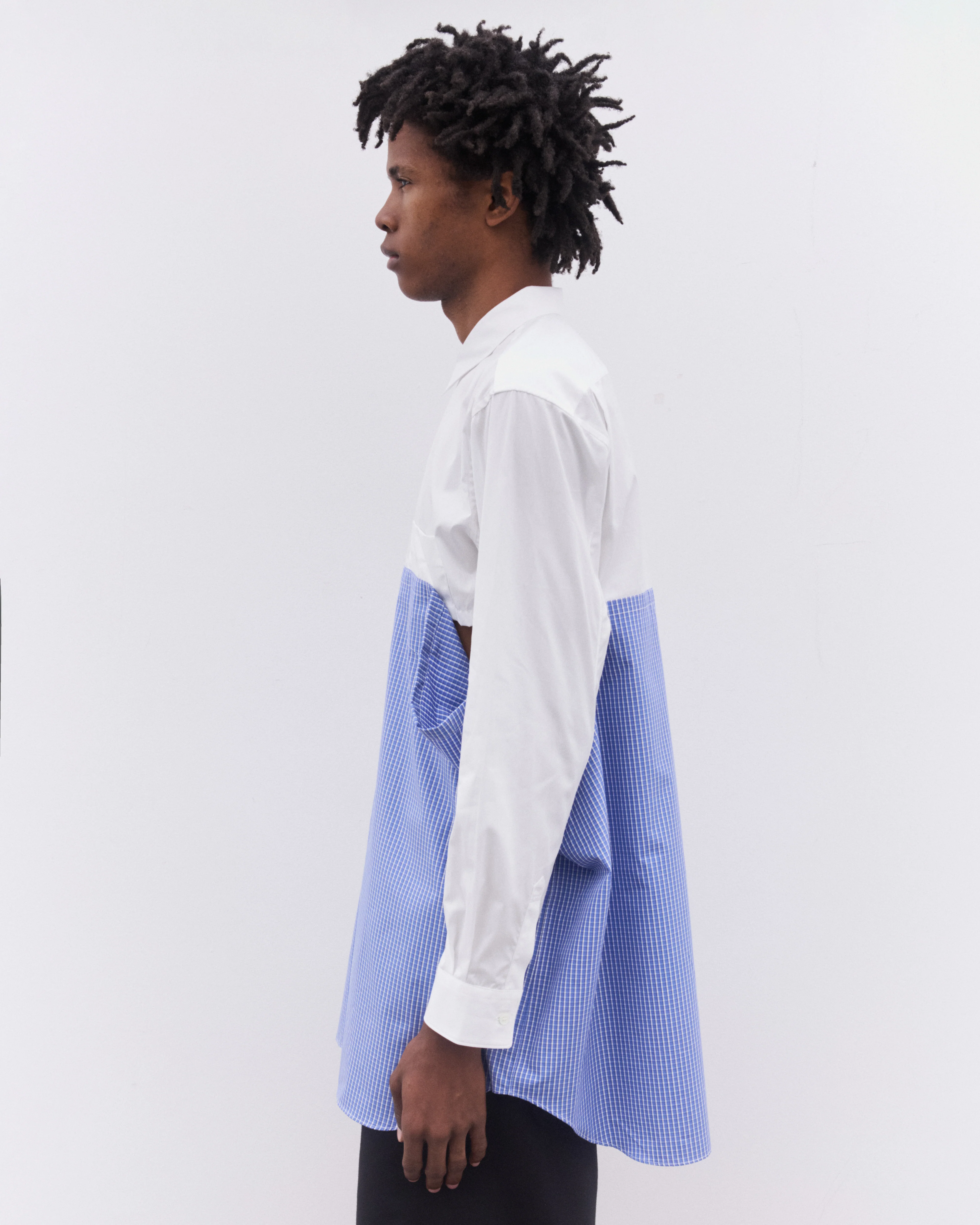 CDG Shirt - Men’s Gingham Panel Shirt - (White/Blue) - Image 3