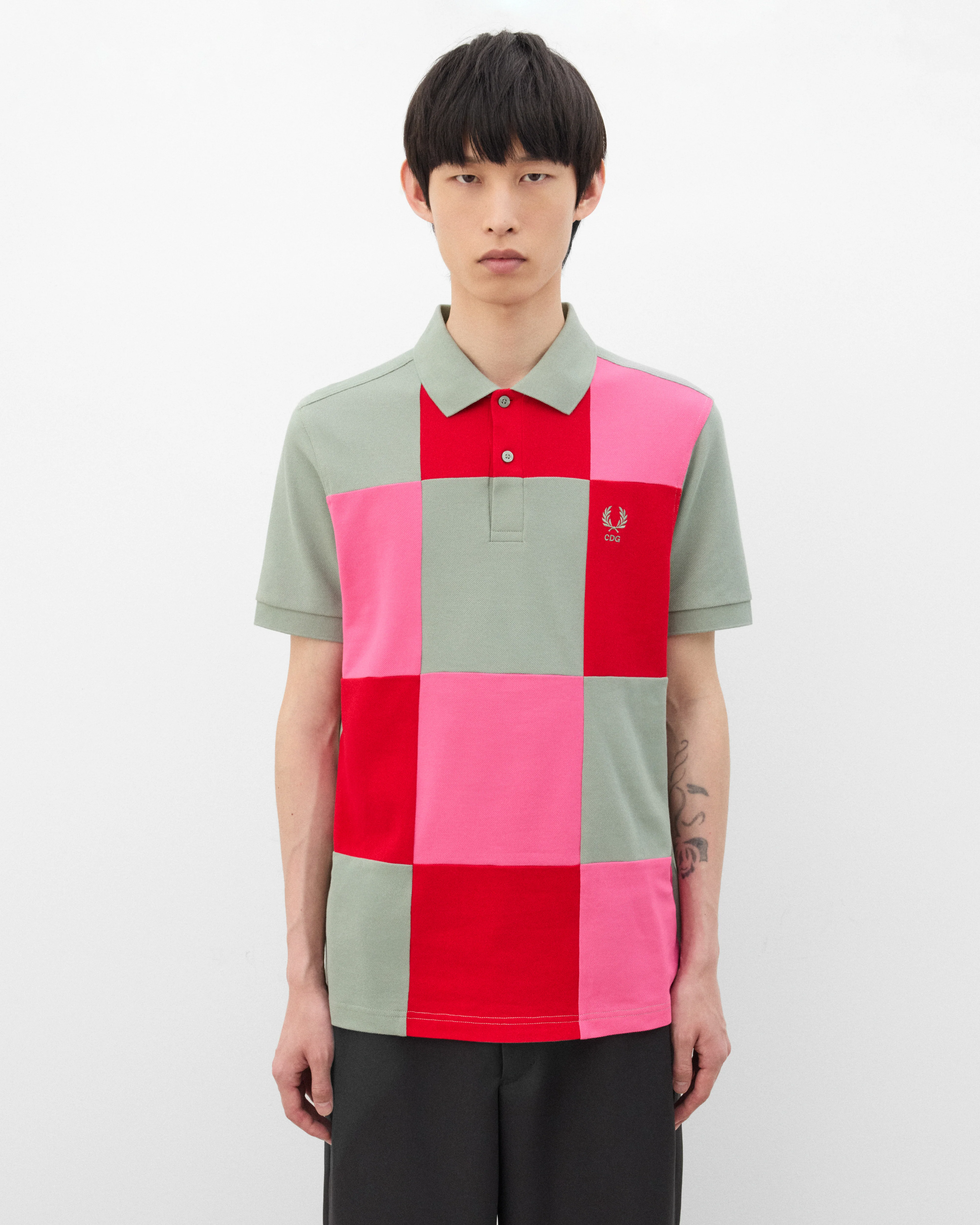 CDG Shirt - Men's Fred Perry Short Sleeve Polo - (Green/Pink/Red) - Image 3