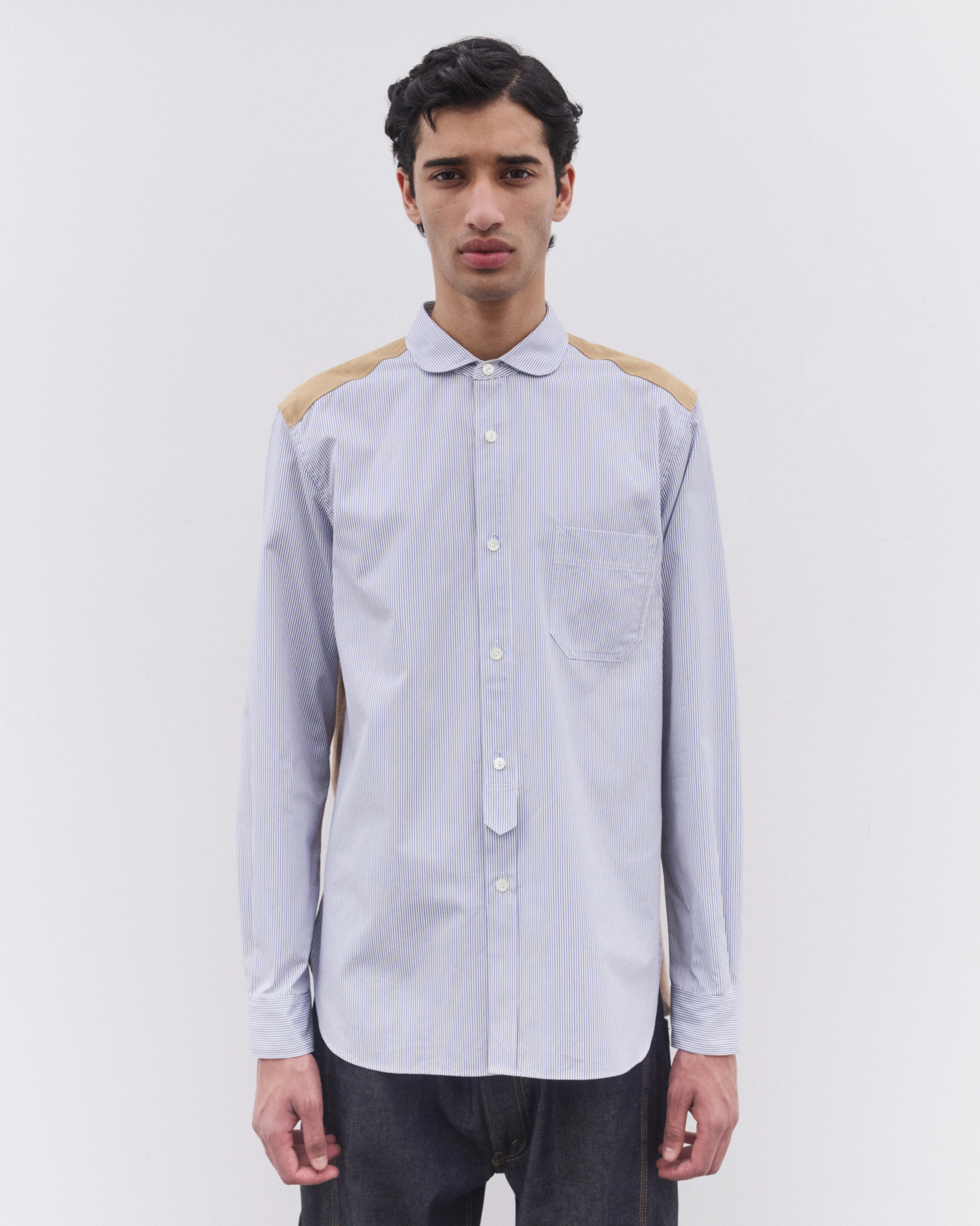 Junya Watanabe Man - Men's Pinstripe Shirt - (Blue Stripe/Stone) - Image 3