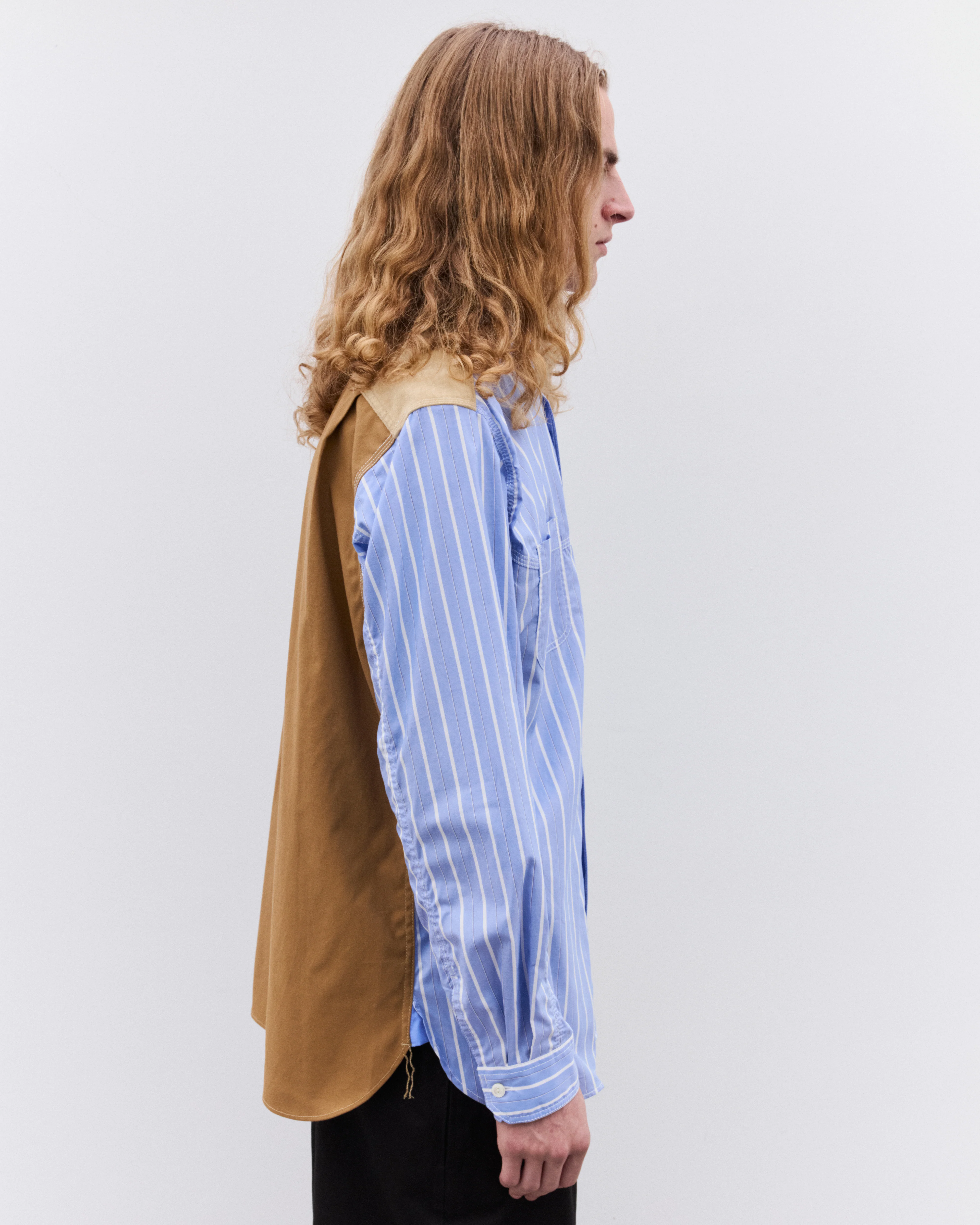 Junya Watanabe Man - Men’s Striped and Canvas Shirt - (Blue/Beige) - Image 3