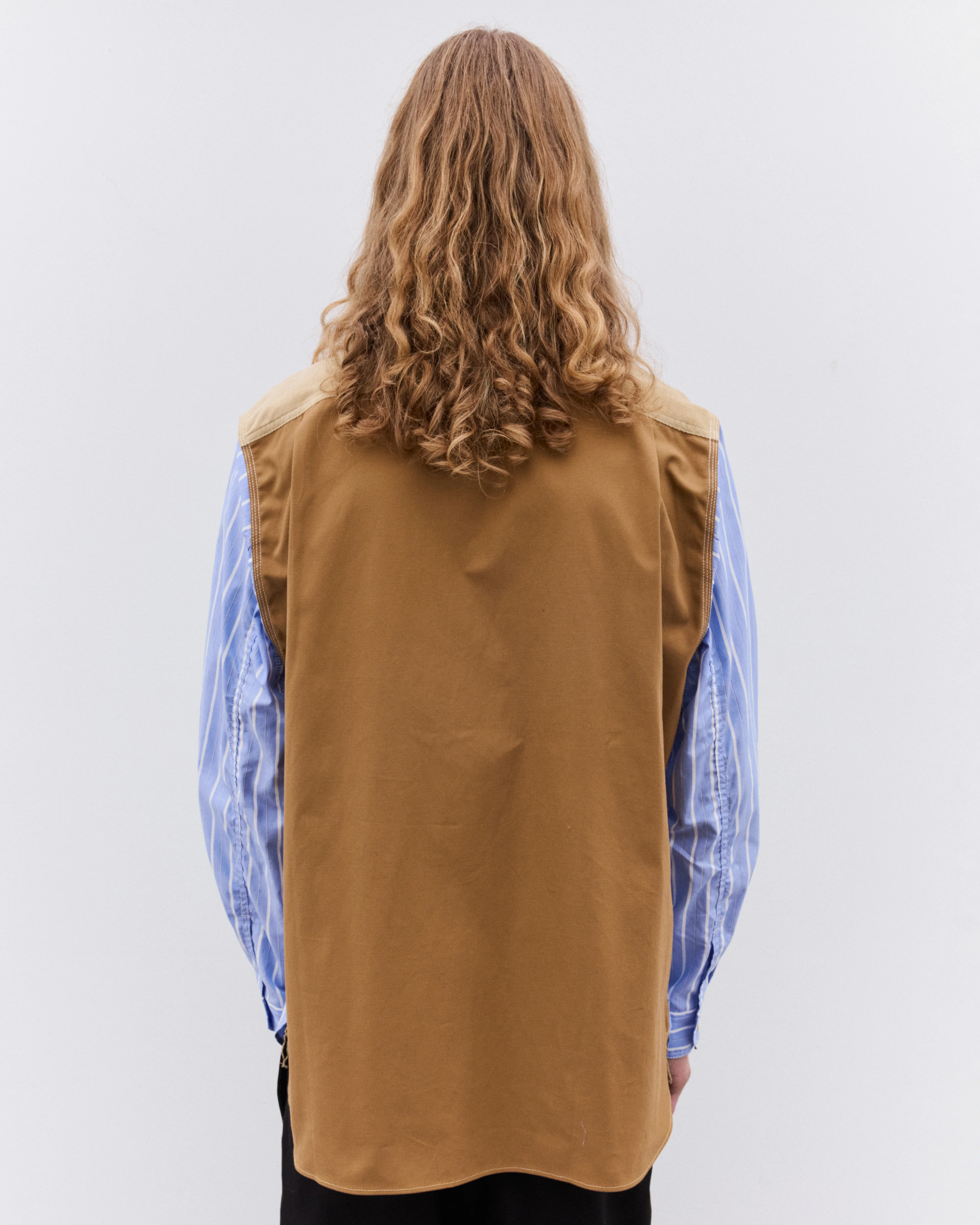 Junya Watanabe Man - Men’s Striped and Canvas Shirt - (Blue/Beige) - Image 4