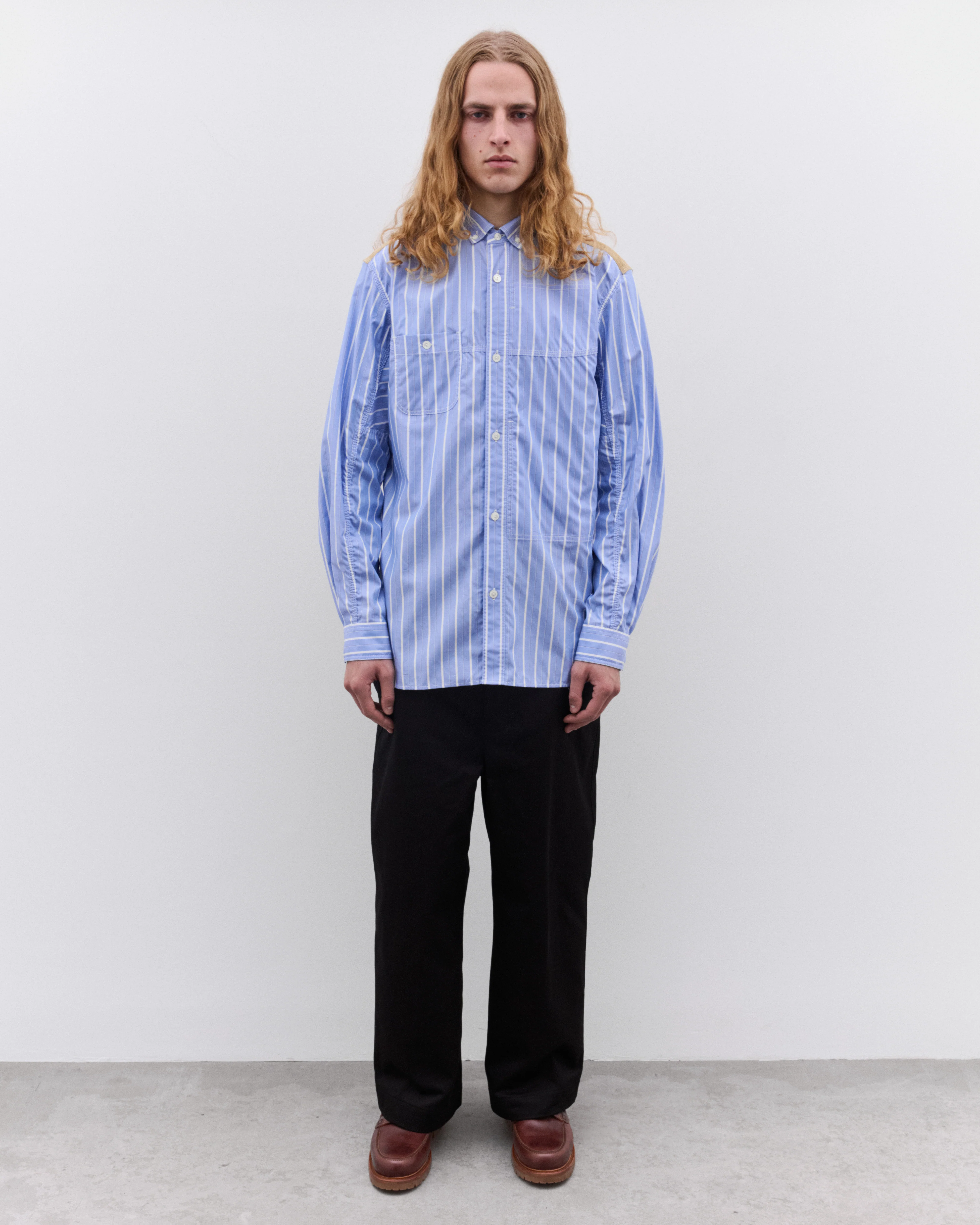 Junya Watanabe Man - Men’s Striped and Canvas Shirt - (Blue/Beige) - Image 5