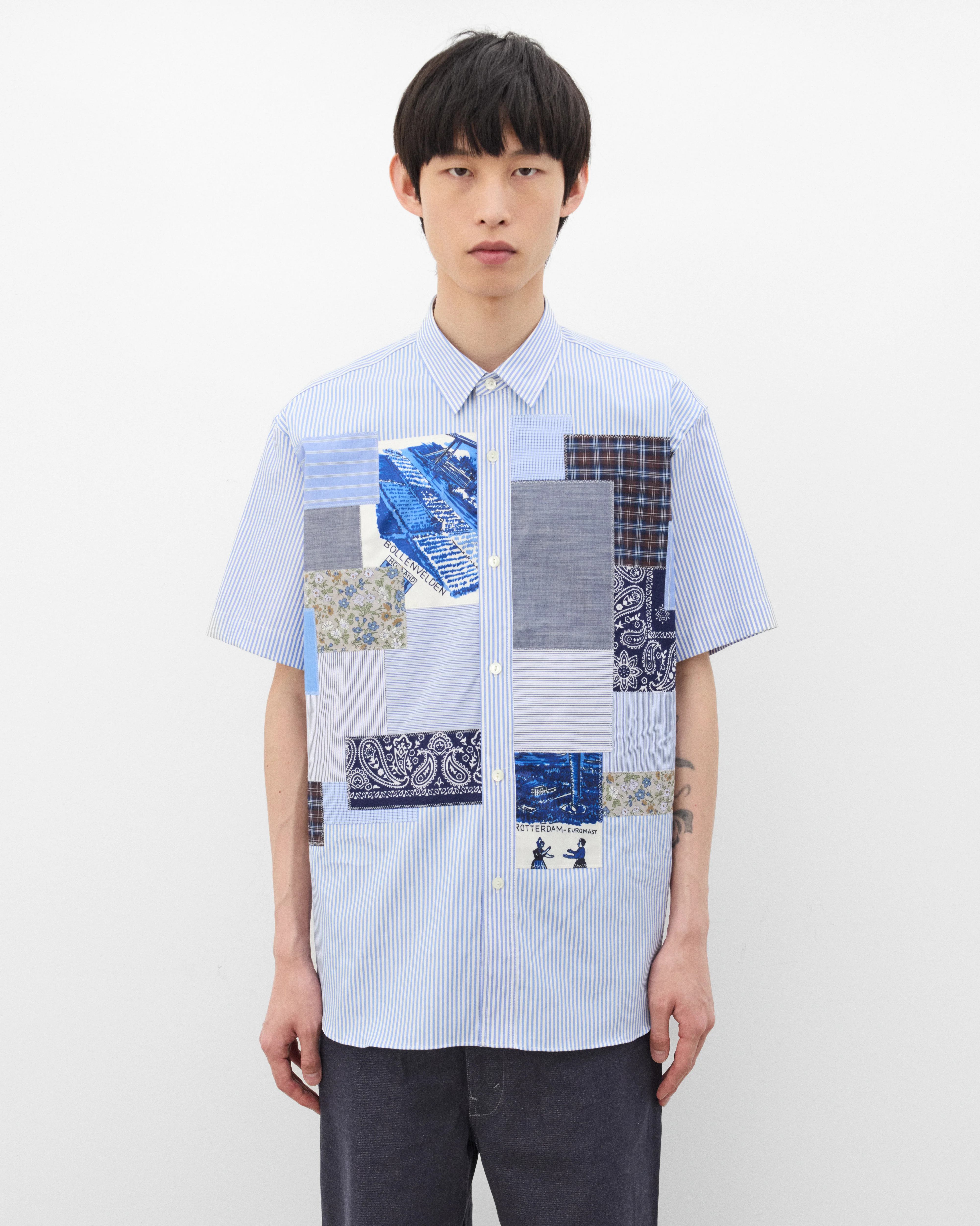 Junya Watanabe MAN - Men's Patchwork Short Sleeve Shirt - (White/Sax Blue) - Image 3