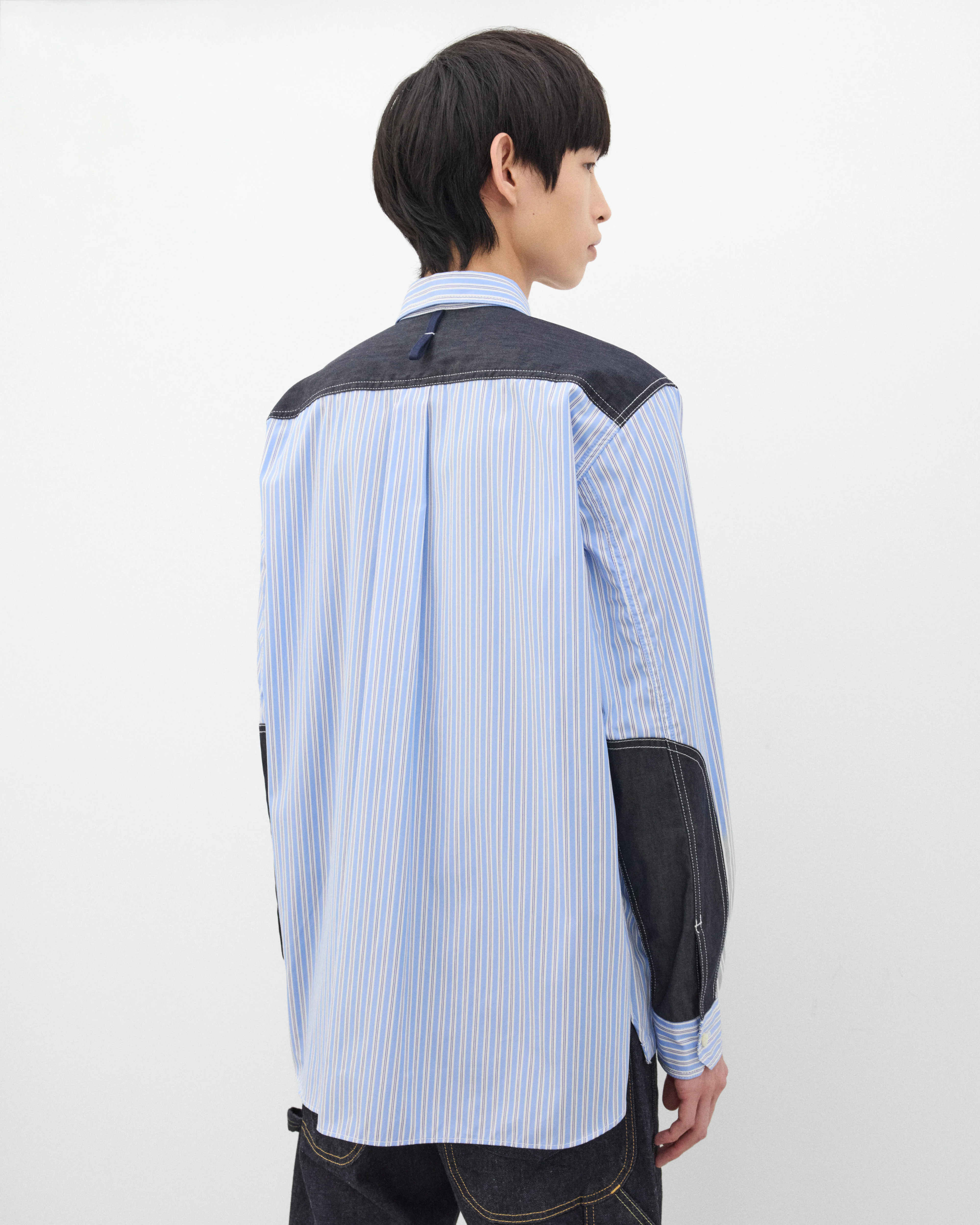 Junya Watanabe MAN - Men's Striped Zip Shirt - (White/Sax/Navy) - Image 5