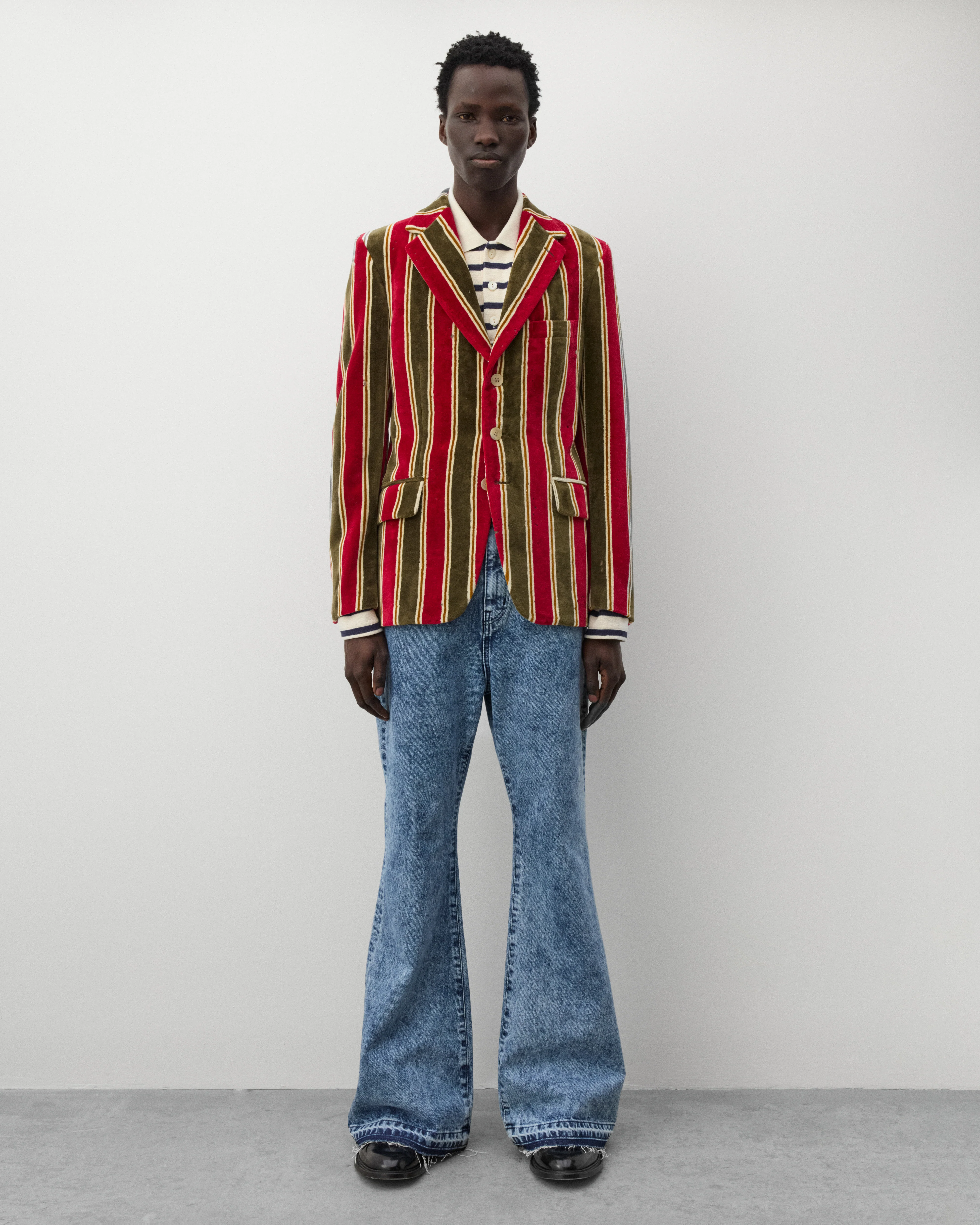 Junya Watanabe Man - Men's Striped Long Sleeve Polo - (Natural/Navy) - Image 6