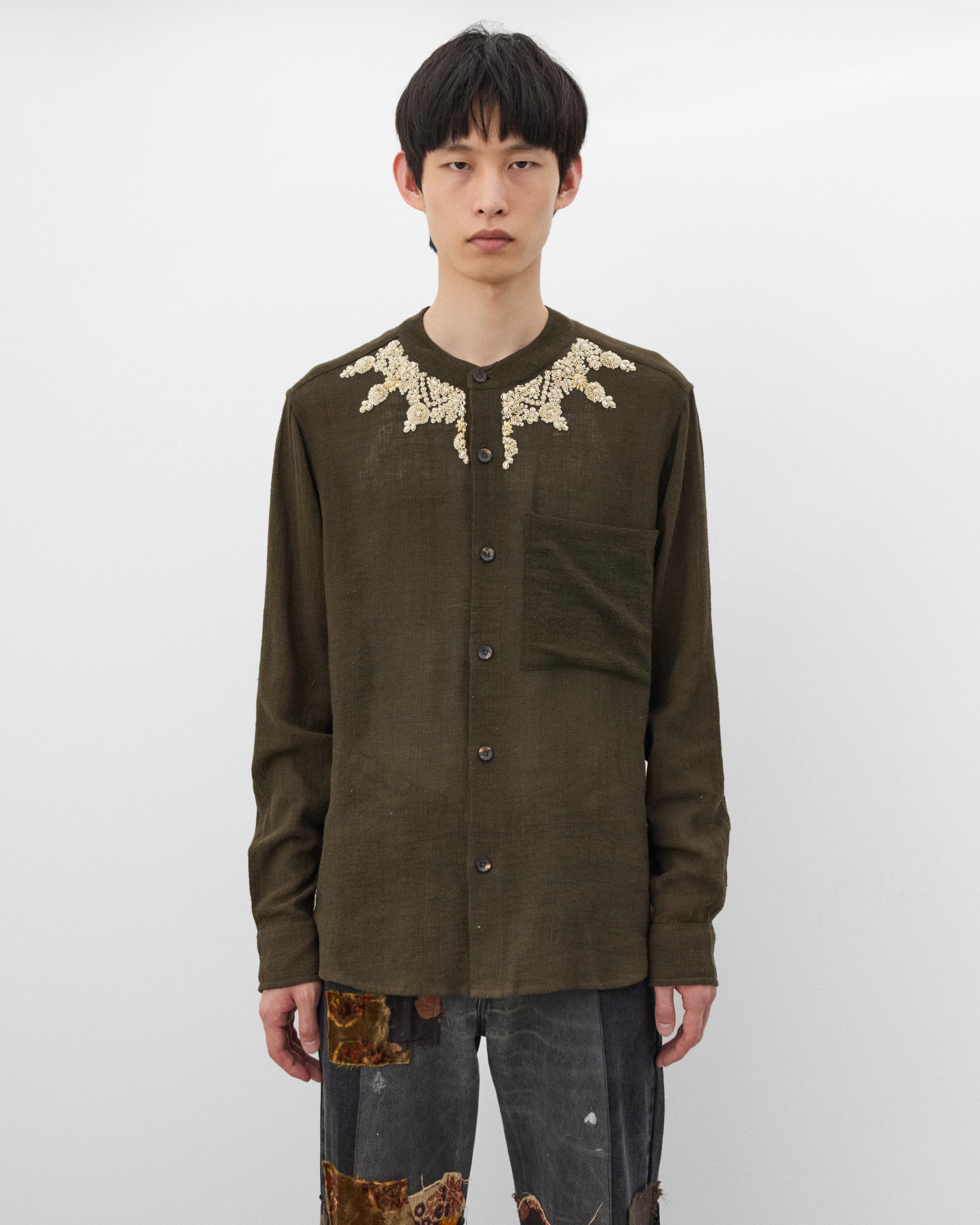 Kartik Research - Men's Band Collar Shirt - (Bark/Gold) - Image 3