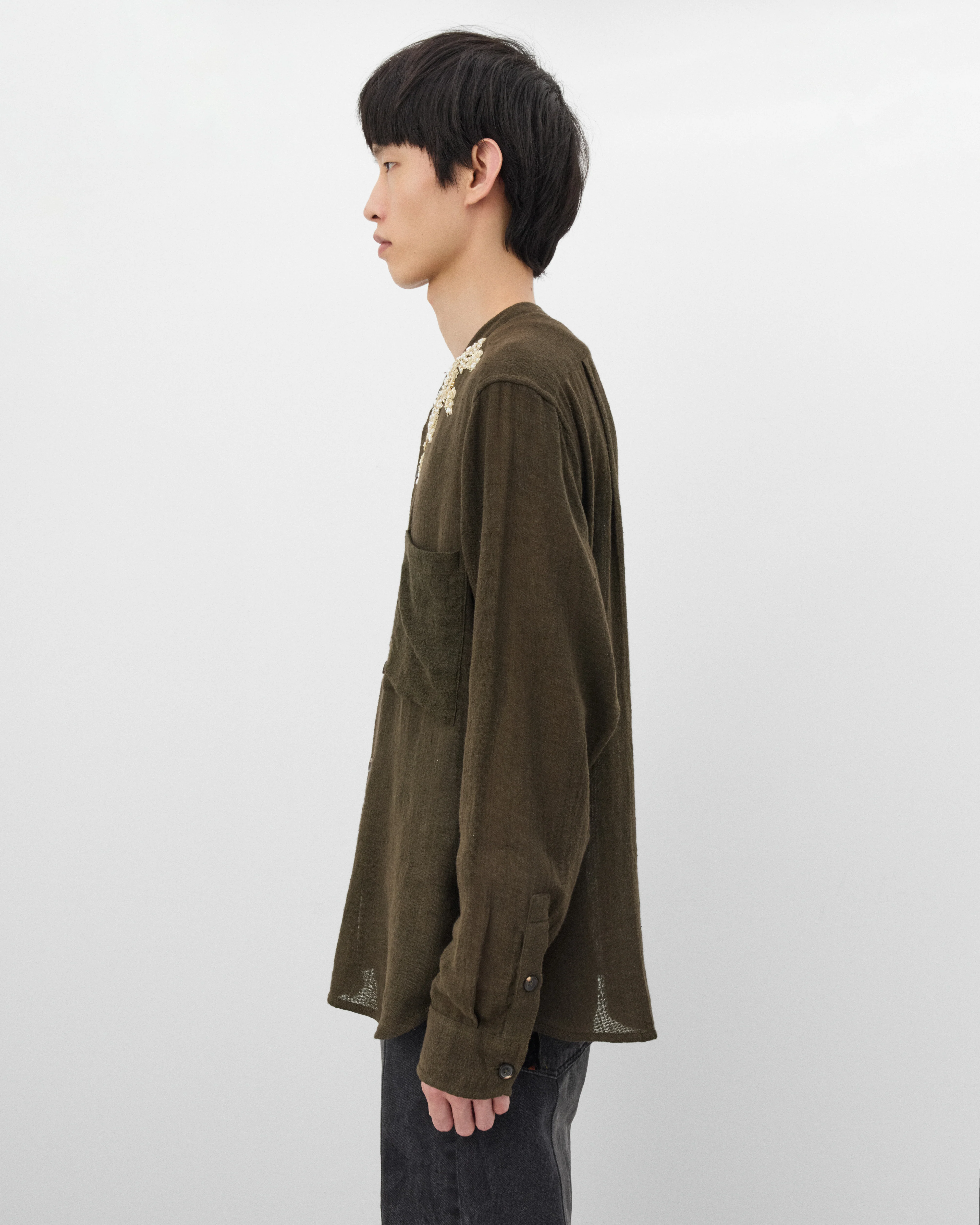 Kartik Research - Men's Band Collar Shirt - (Bark/Gold) - Image 4