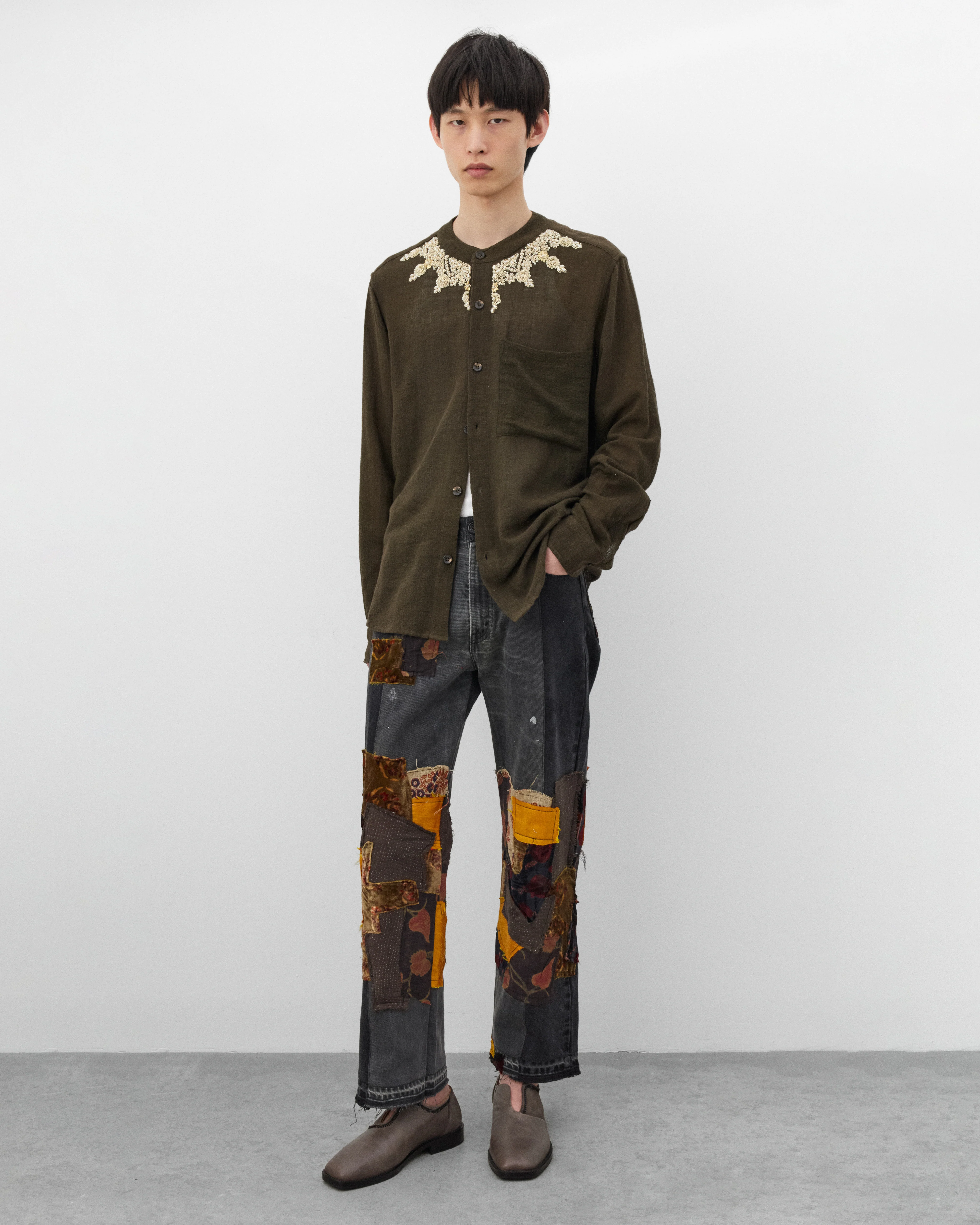Kartik Research - Men's Band Collar Shirt - (Bark/Gold) - Image 6