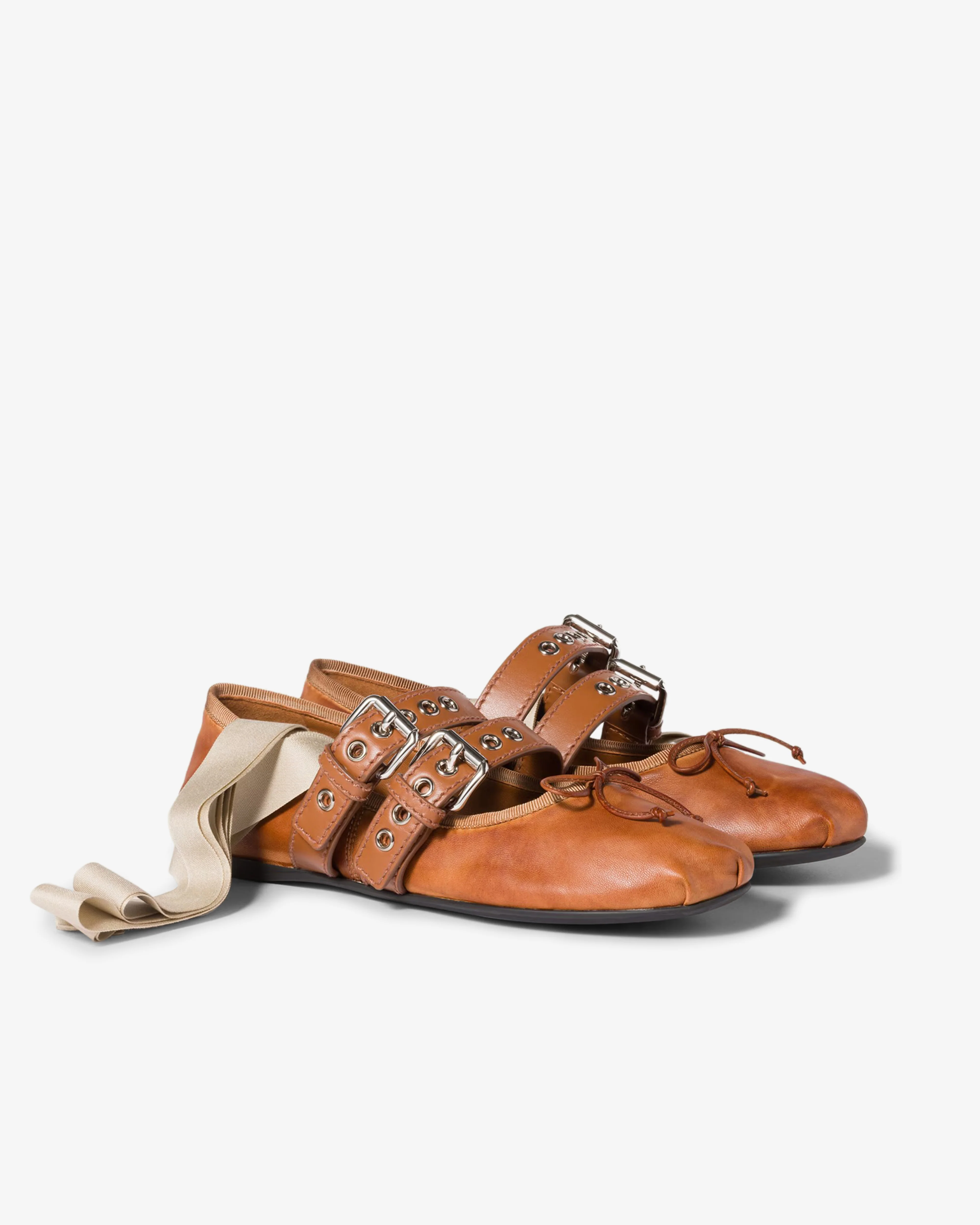 Miu Miu - Women's Nappa and Calf Leather Ballerinas - (Caramel) - Image 2