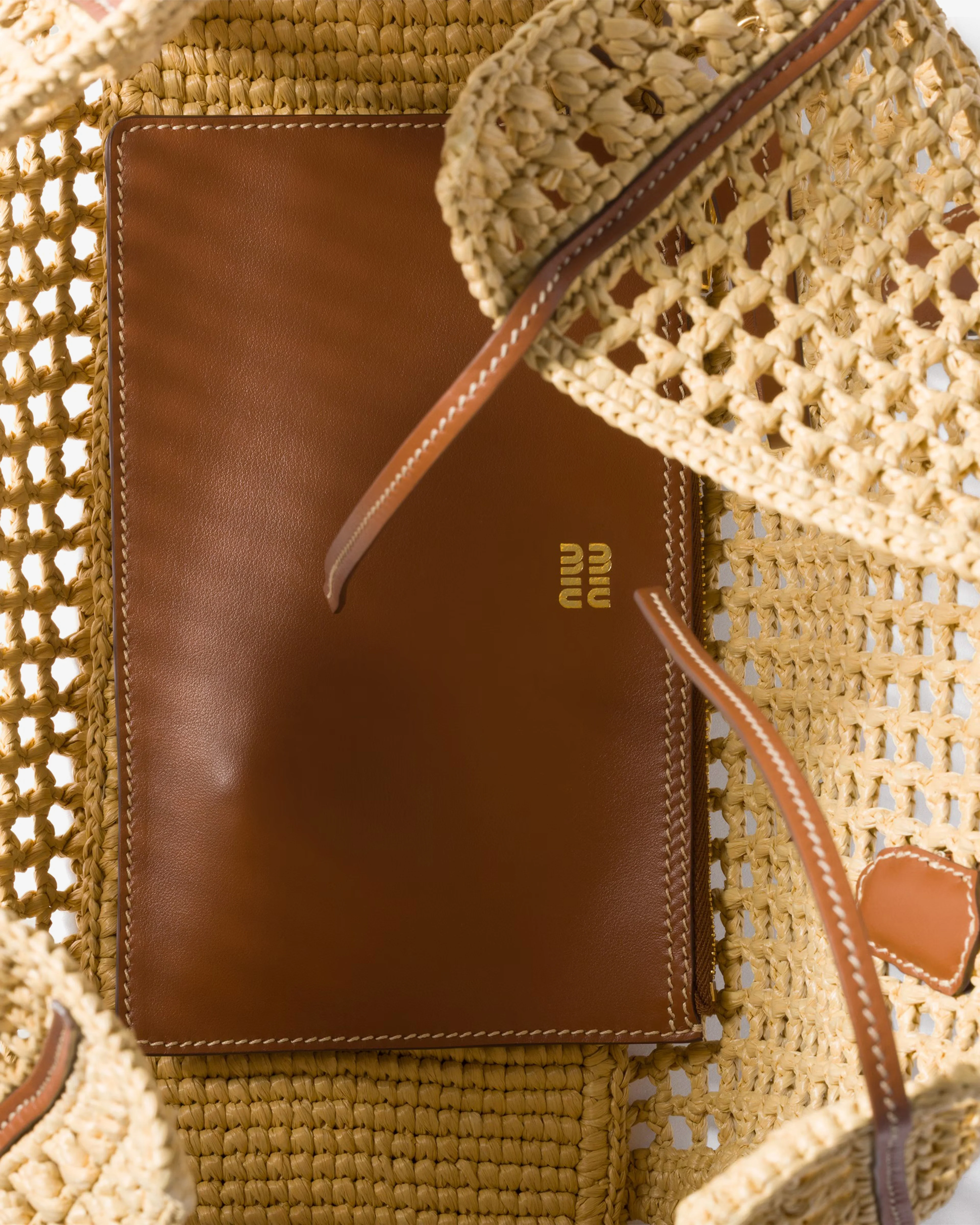 Miu Miu - Women's Raffia Top-Handle Bag - (Beige/Cognac) - Image 4