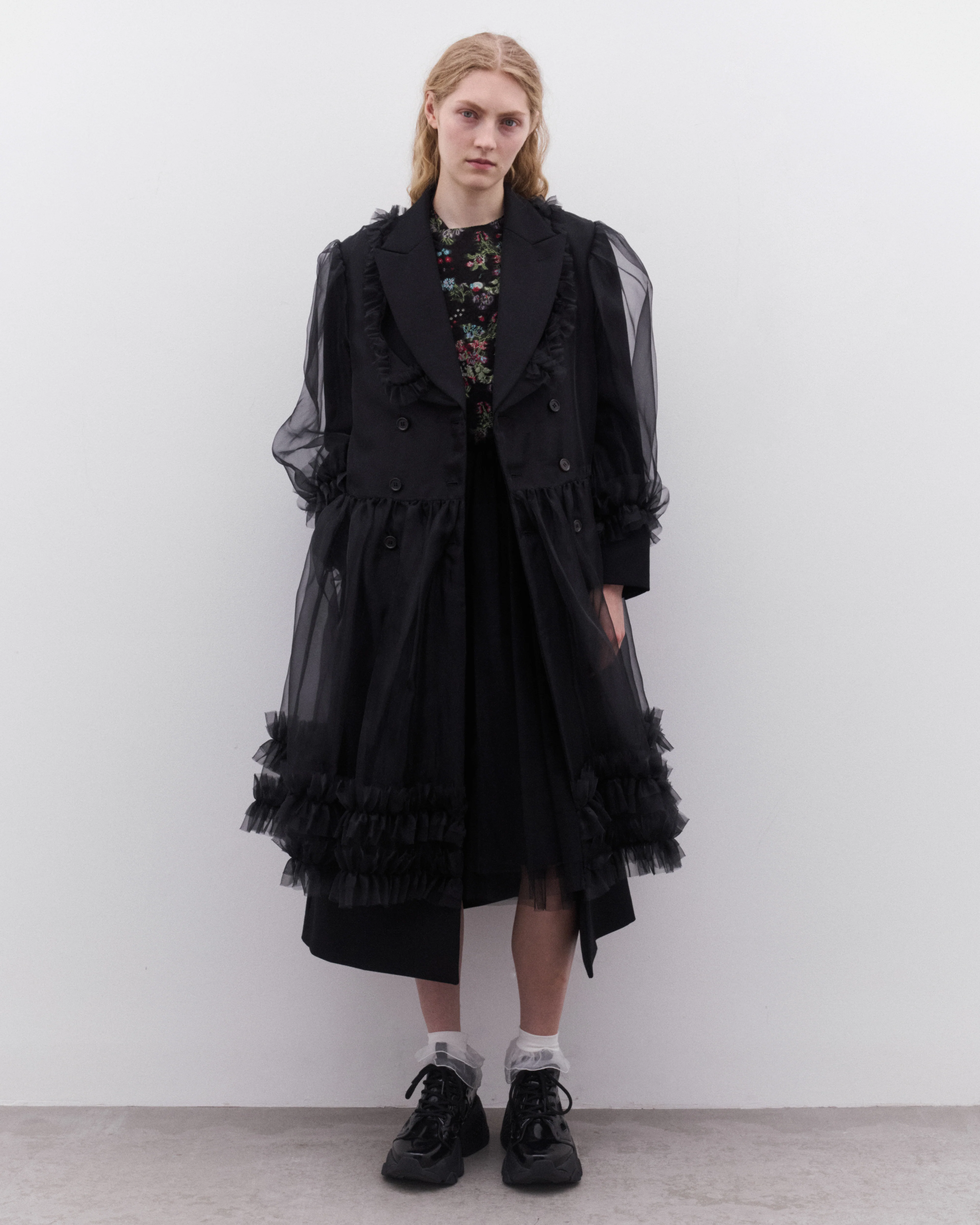 Noir Kei Ninomiya - Women’s Double Breasted Tulle Overlay Coat - (Black) - Image 3