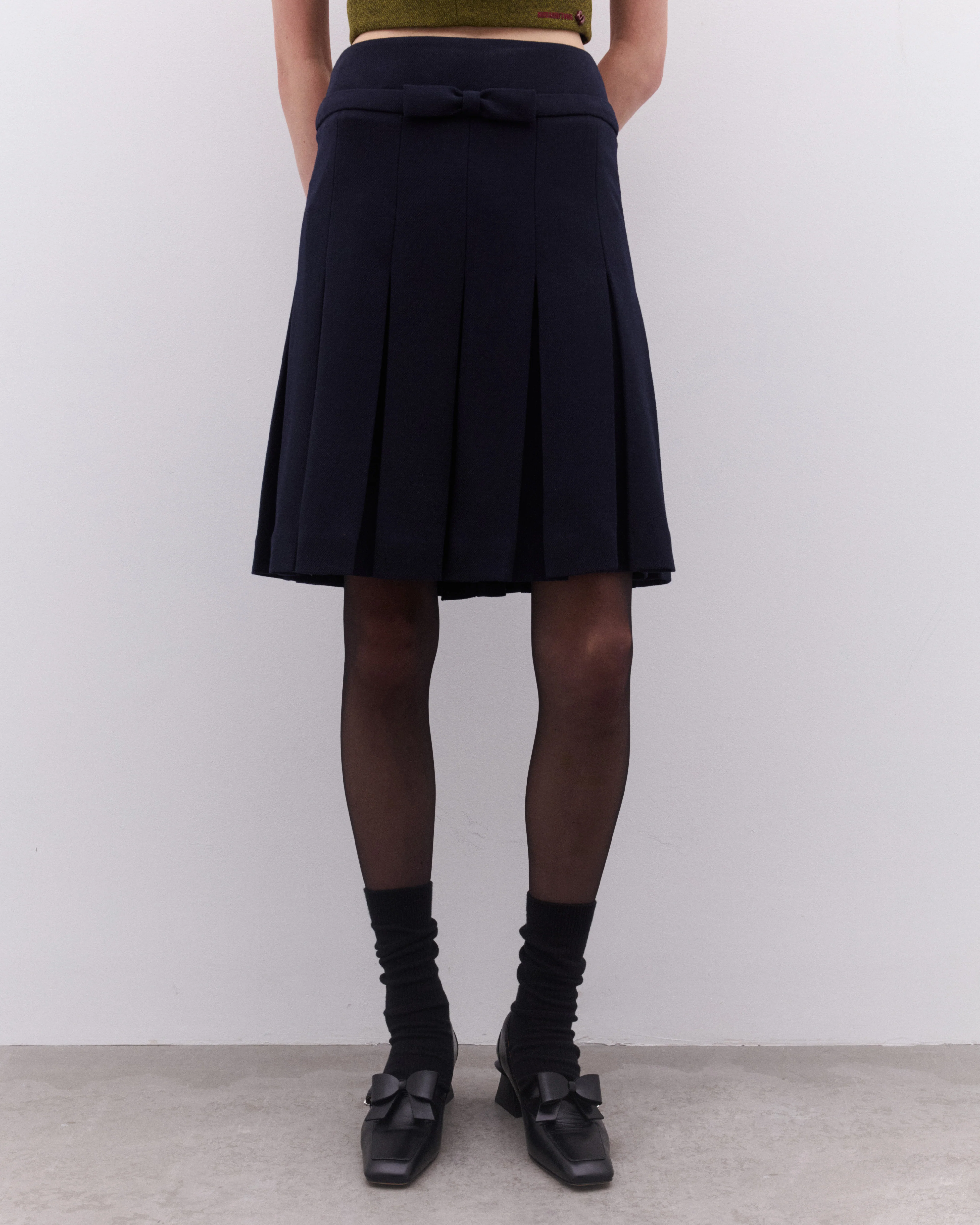 SHUSHU/TONG - Women’s Bow Waist Pleated Skirt - (Navy) - Image 2