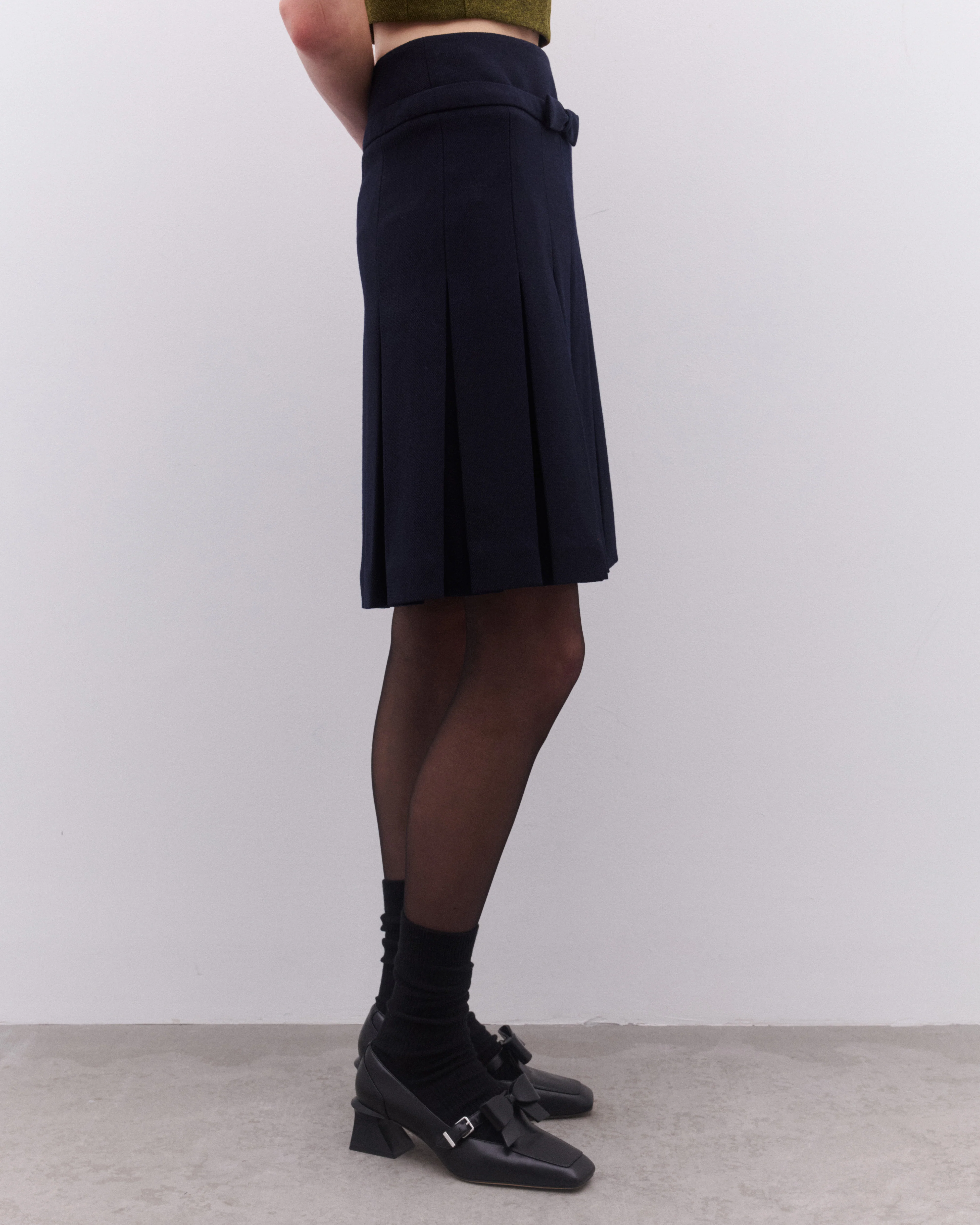 SHUSHU/TONG - Women’s Bow Waist Pleated Skirt - (Navy) - Image 3