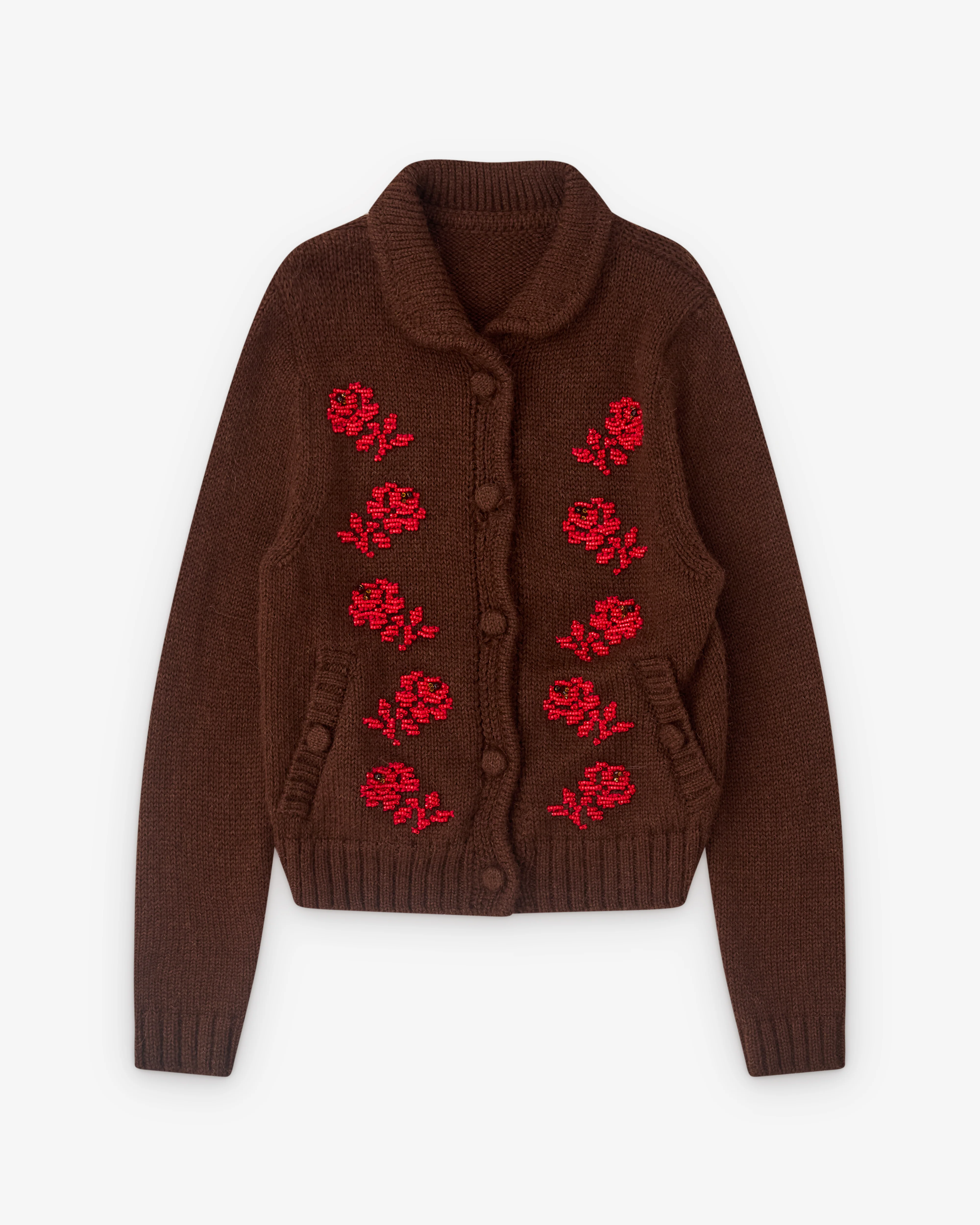 SHUSHU/TONG - Women’s Embroidered Floral Cardigan - (Brown)