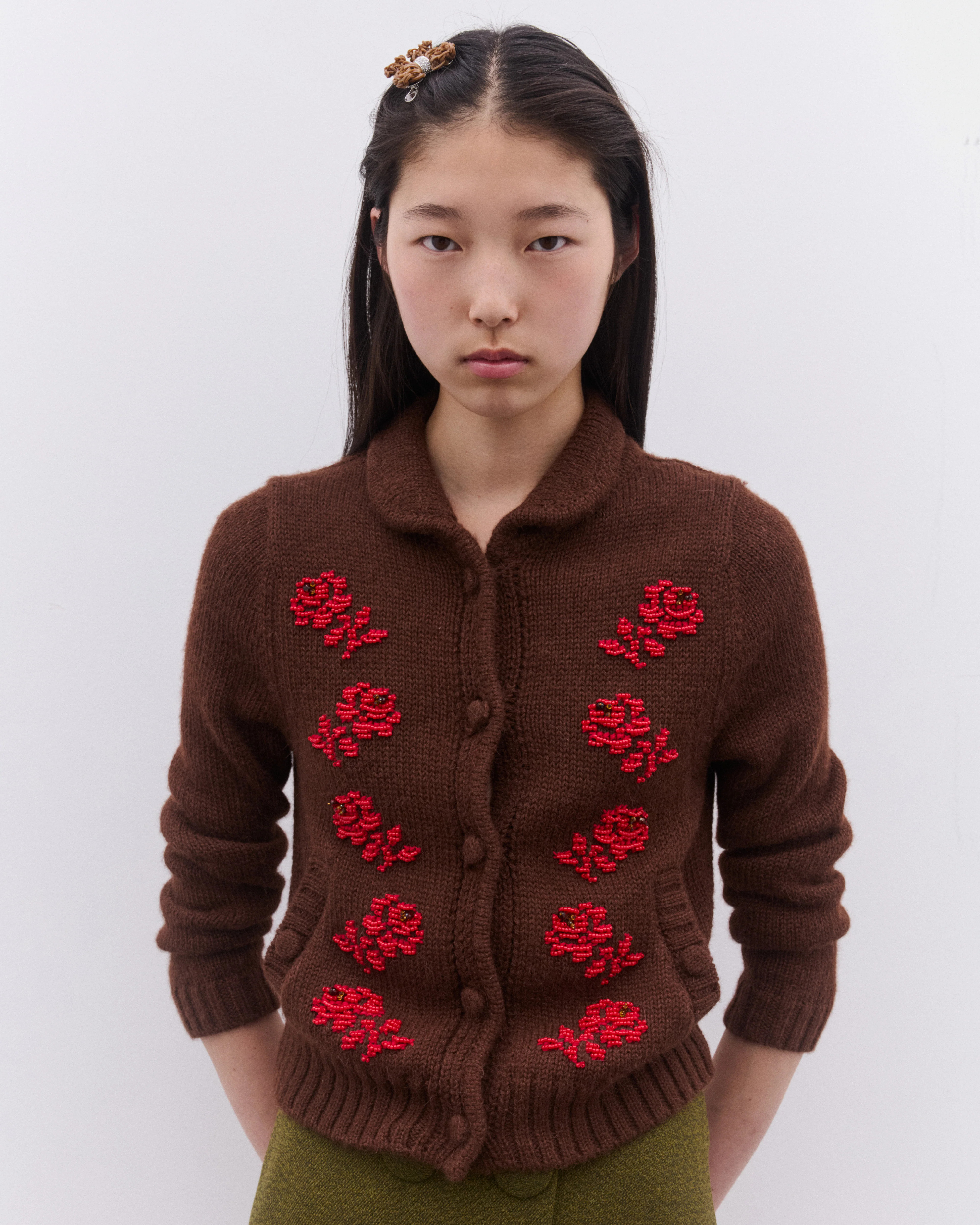 SHUSHU/TONG - Women’s Embroidered Floral Cardigan - (Brown) - Image 2