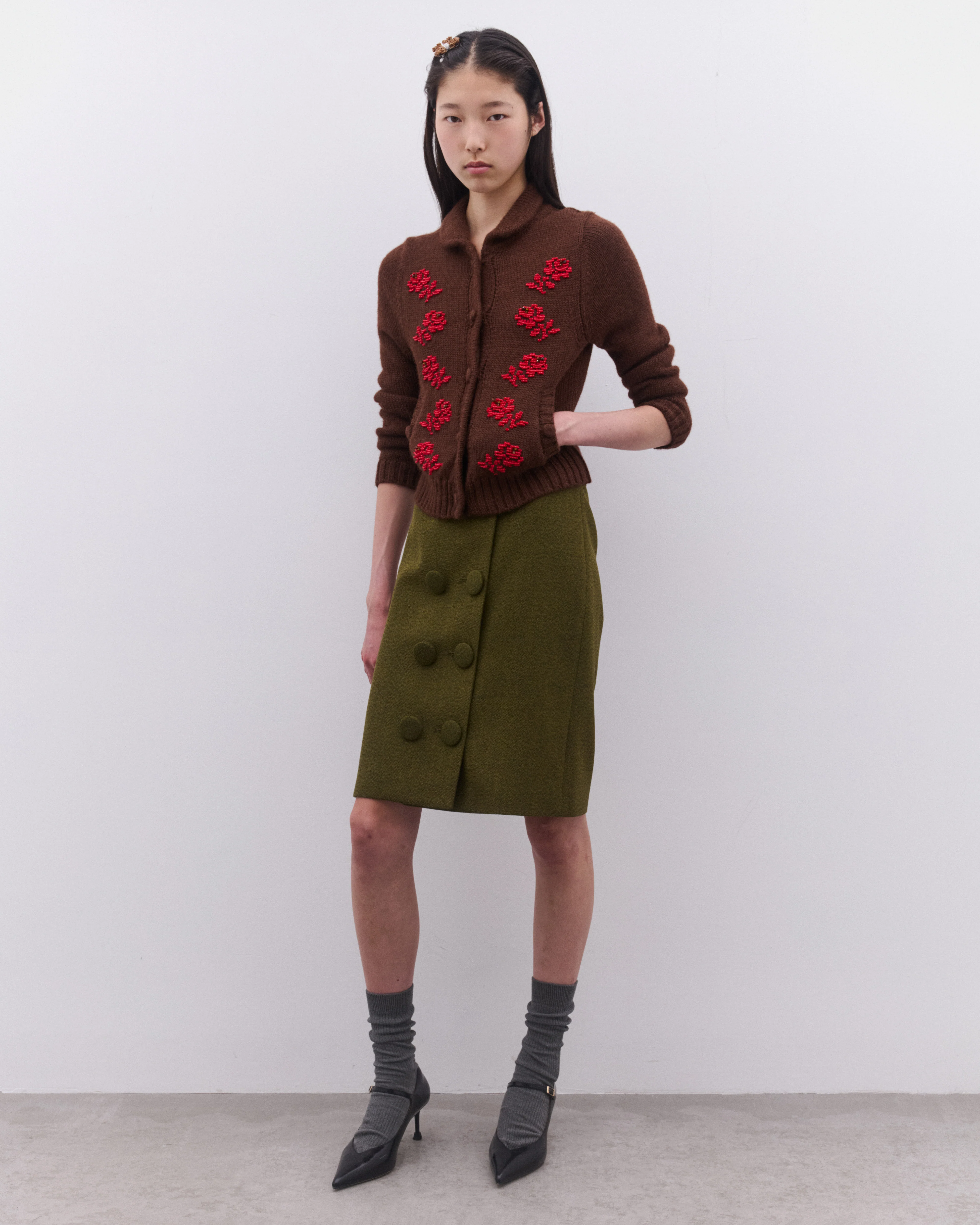 SHUSHU/TONG - Women’s Embroidered Floral Cardigan - (Brown) - Image 5