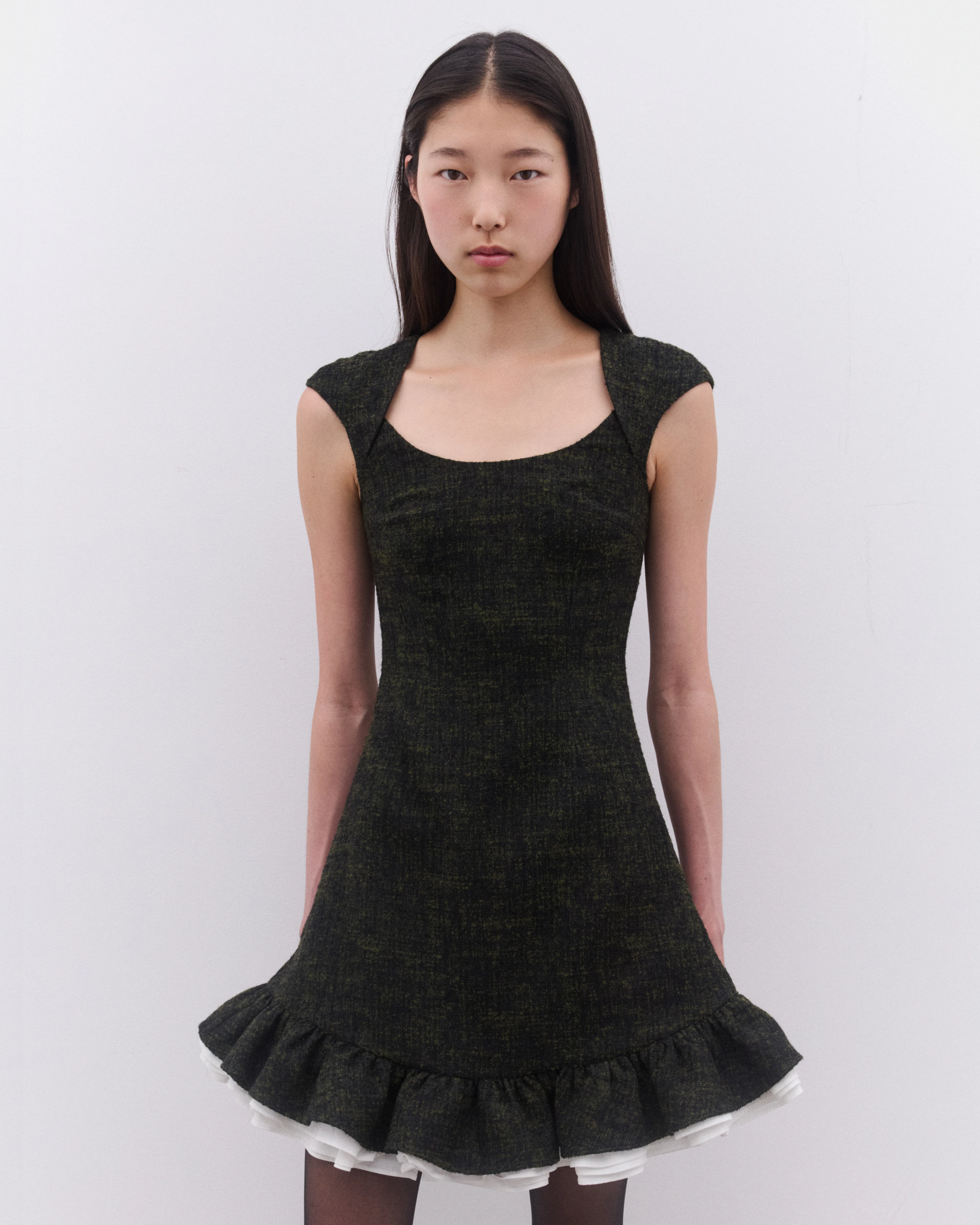 SHUSHU/TONG - Women’s Multi-Layer Ruffled A-Line Dress - (Heather Green) - Image 2