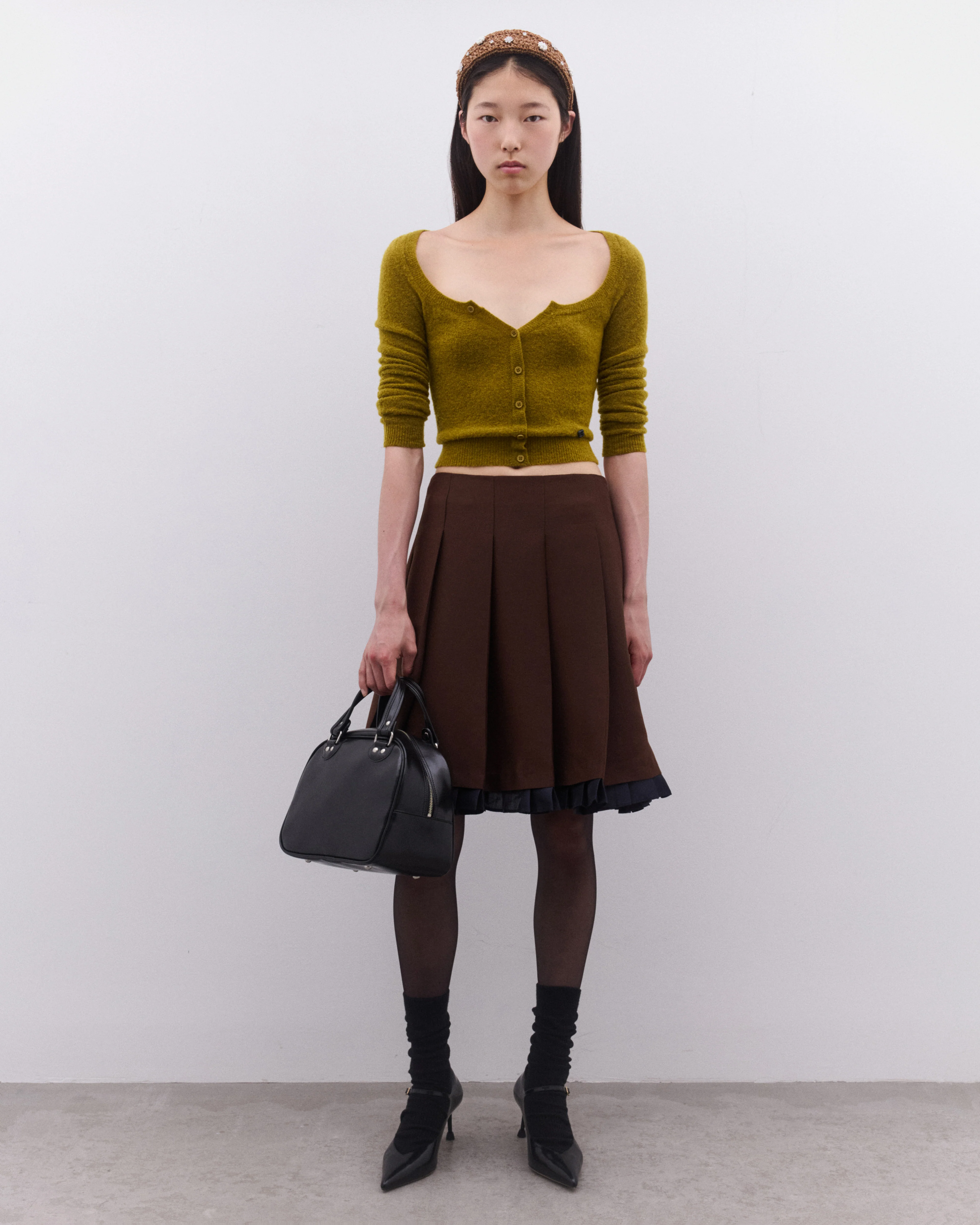 SHUSHU/TONG - Women’s Patchwork Lace Wide Pleat Skirt - (Brown) - Image 4