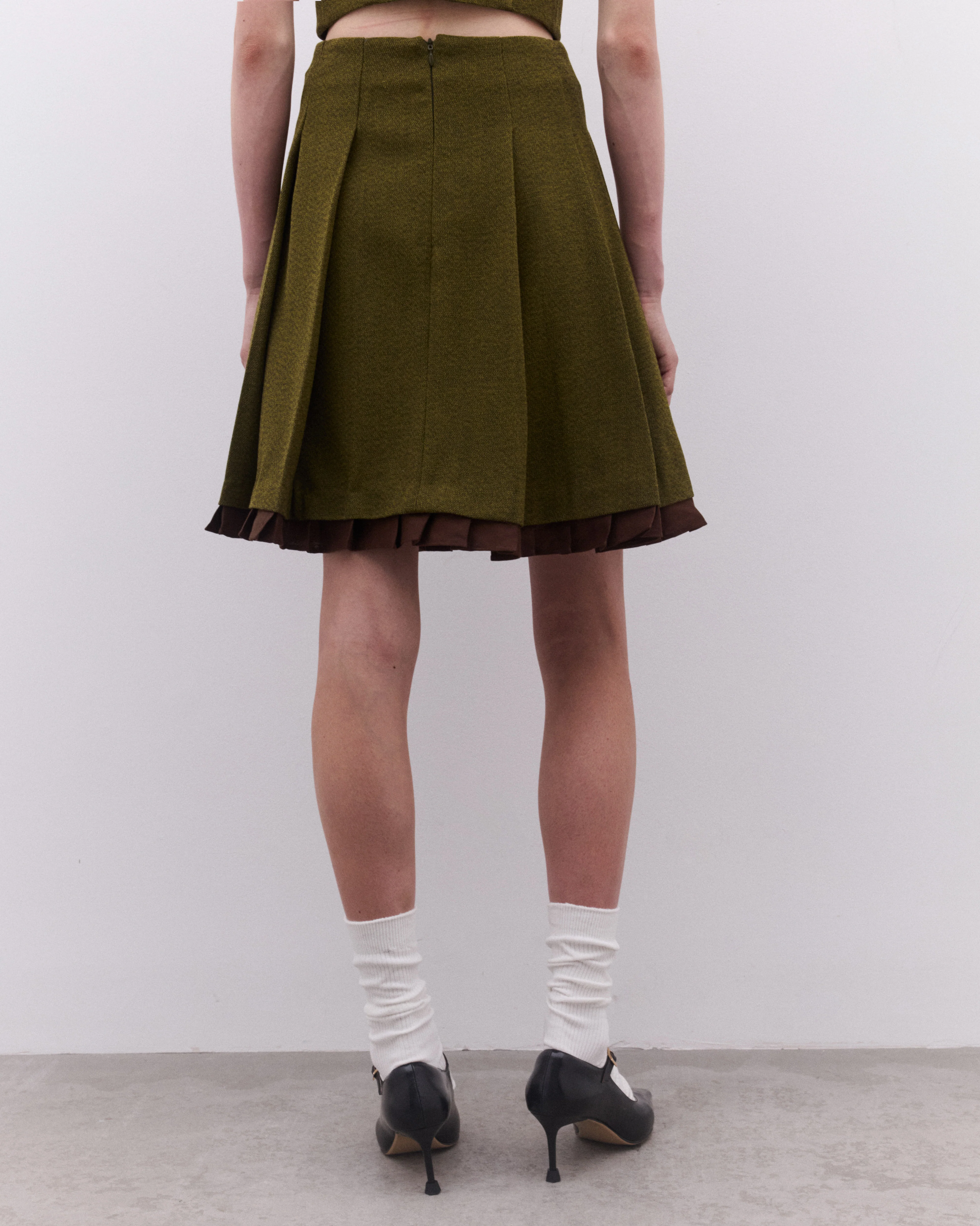 SHUSHU/TONG - Women’s Patchwork Lace Wide Pleat Skirt - (Green) - Image 4