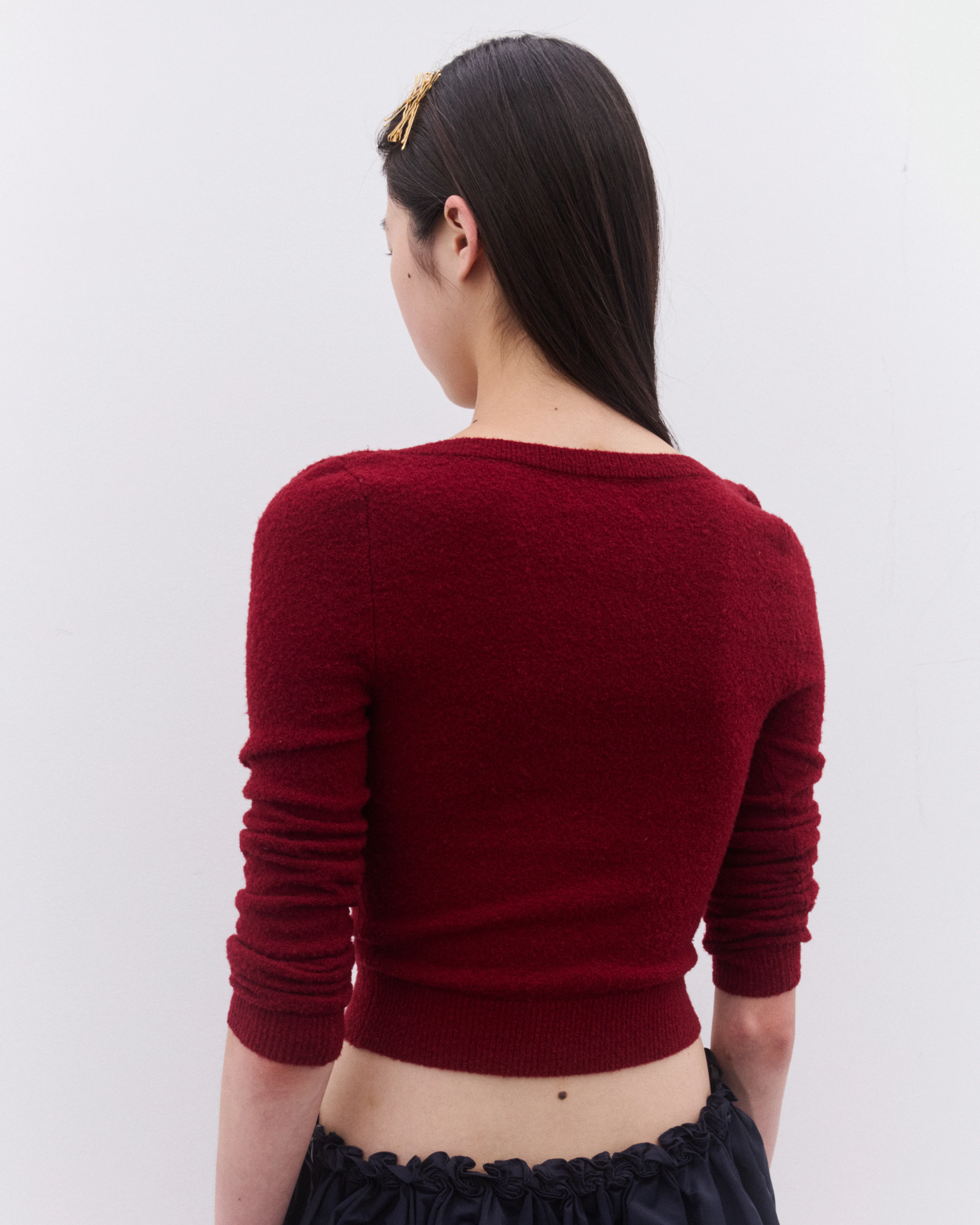 SHUSHU/TONG - Women’s Round Neck Fitted Cardigan - (Wine Red) - Image 4