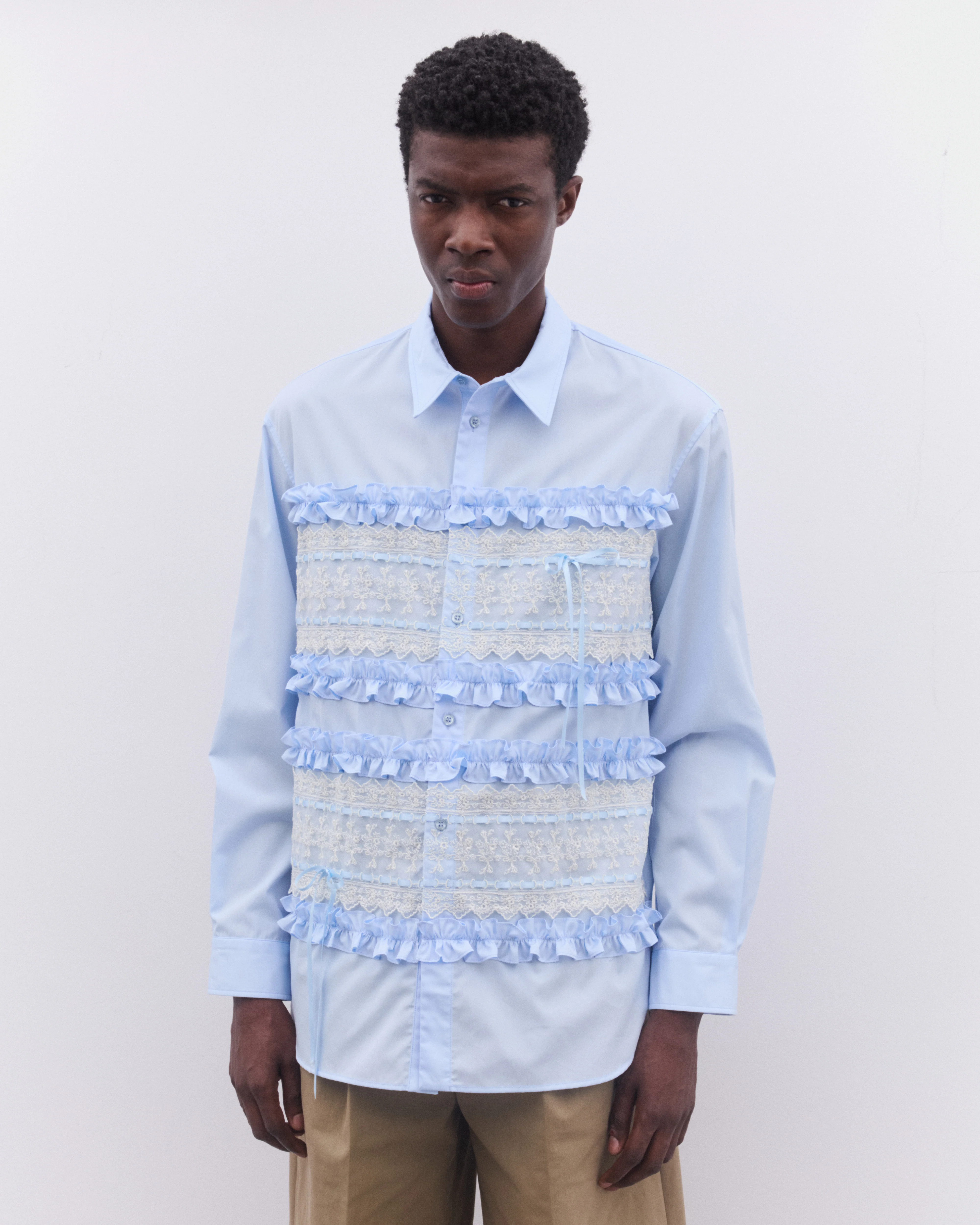 Simone Rocha - Men’s Lace Ribbon Trim Easy Shirt - (Baby Blue) - Image 3