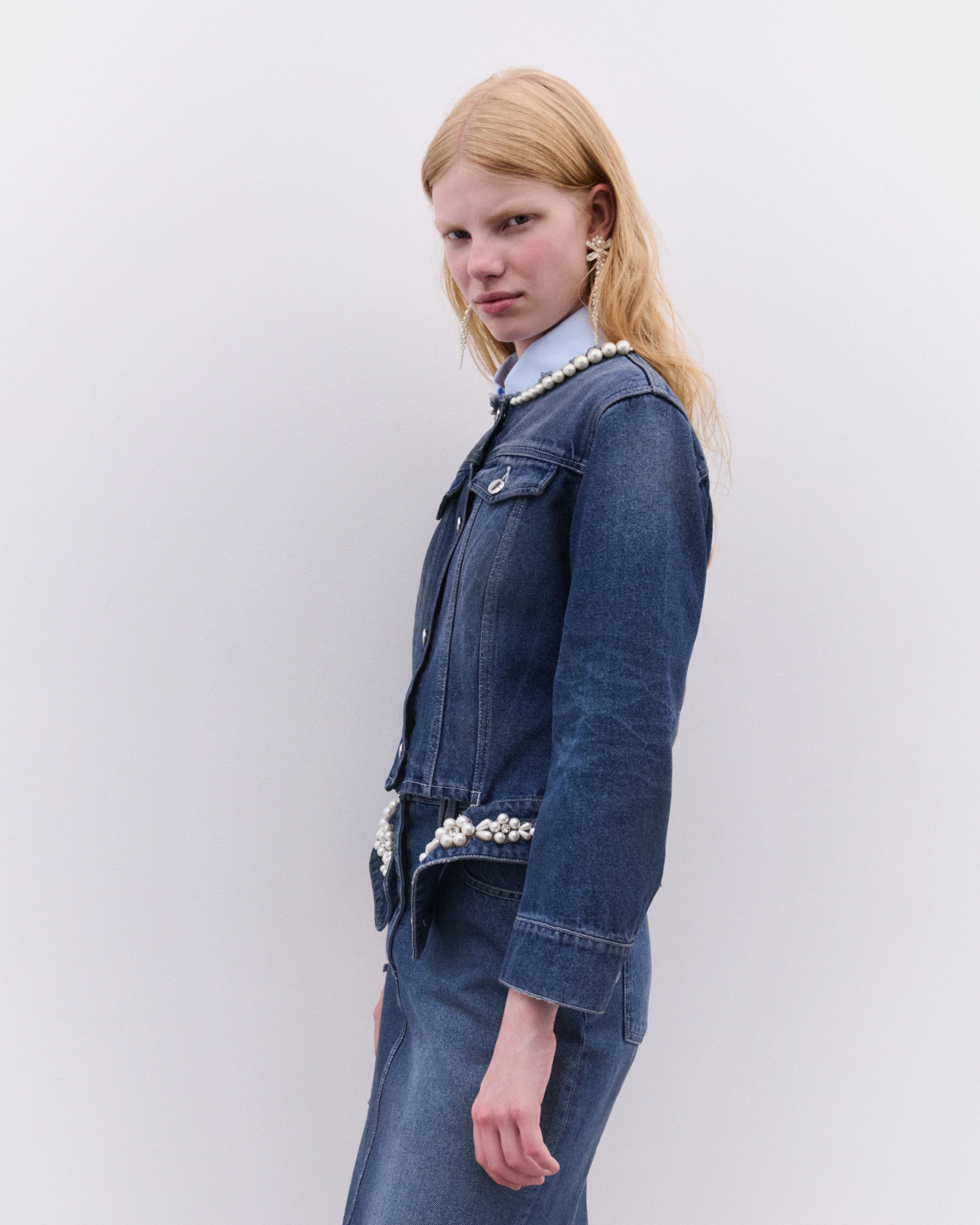 Simone Rocha - Women’s Turbo Embellished Fitted Waist Tail Jacket - (Blue/Pearl) - Image 4