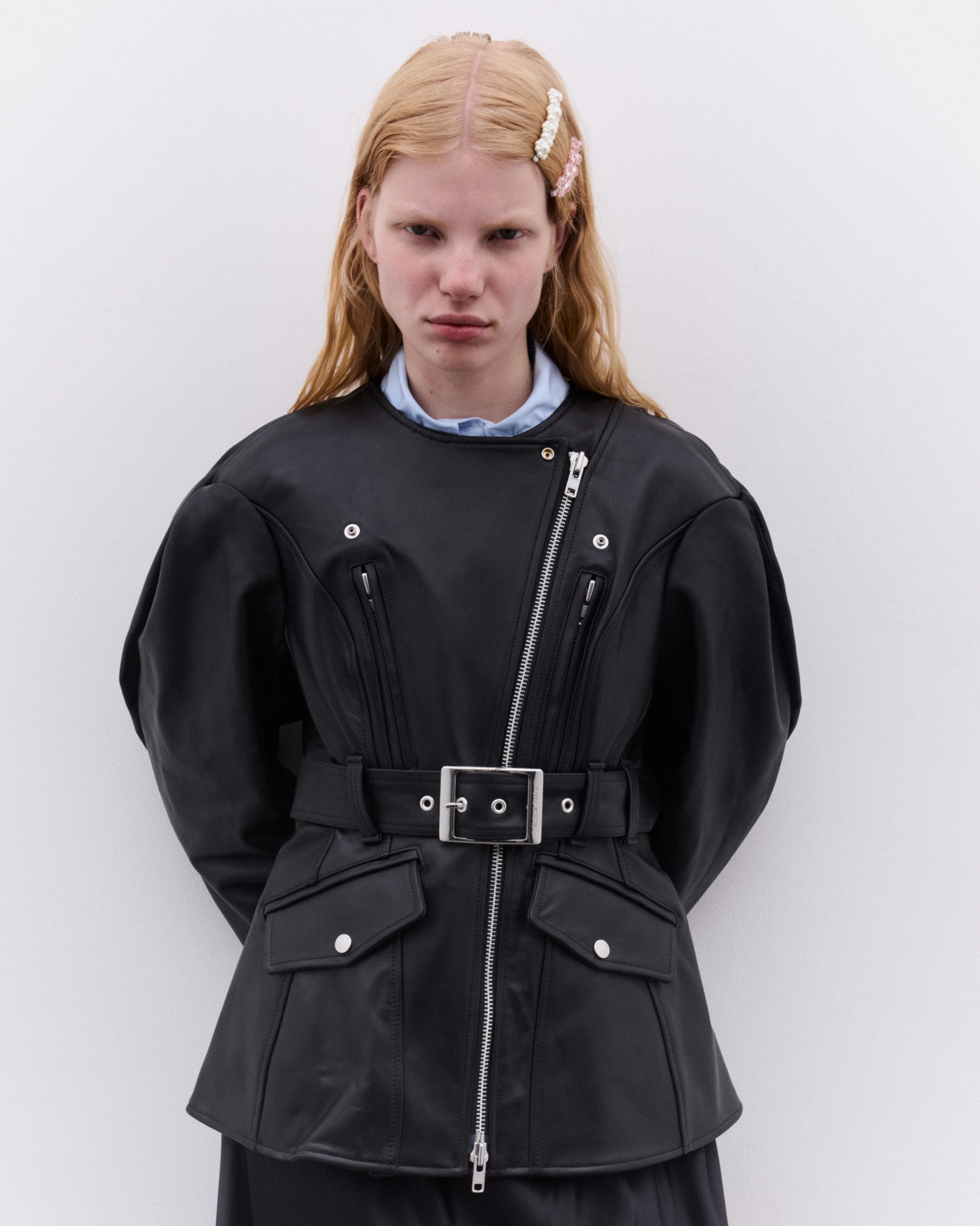Simone Rocha - Women’s Sculpted Belt Detail Biker Jacket - (Black) - Image 3